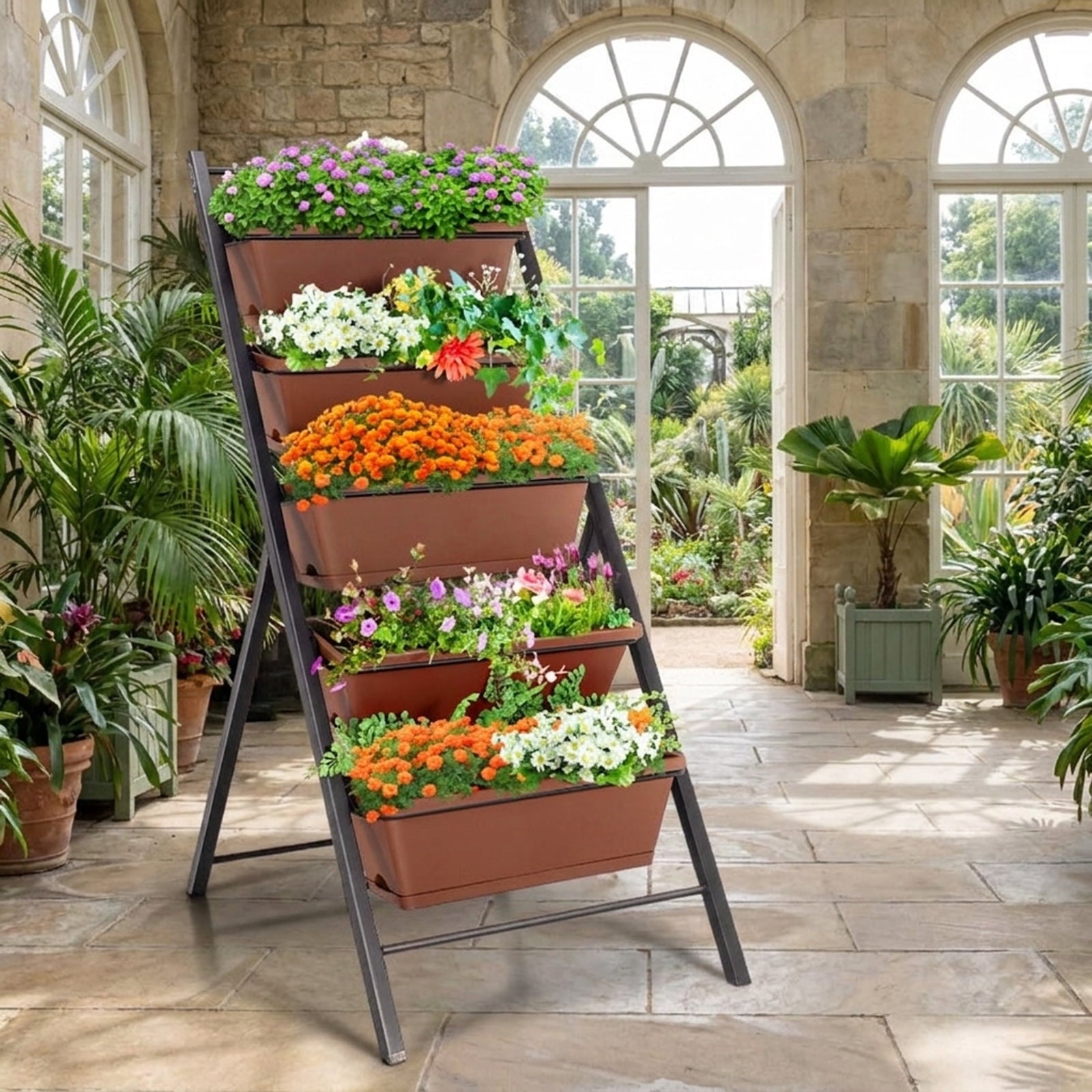 Biotree 5-Tier Vertical Raised Garden Planter Box with 5 PP Containers, Cascading Drainage & Steel Frame - Brown - 22.5x29x48.5 In