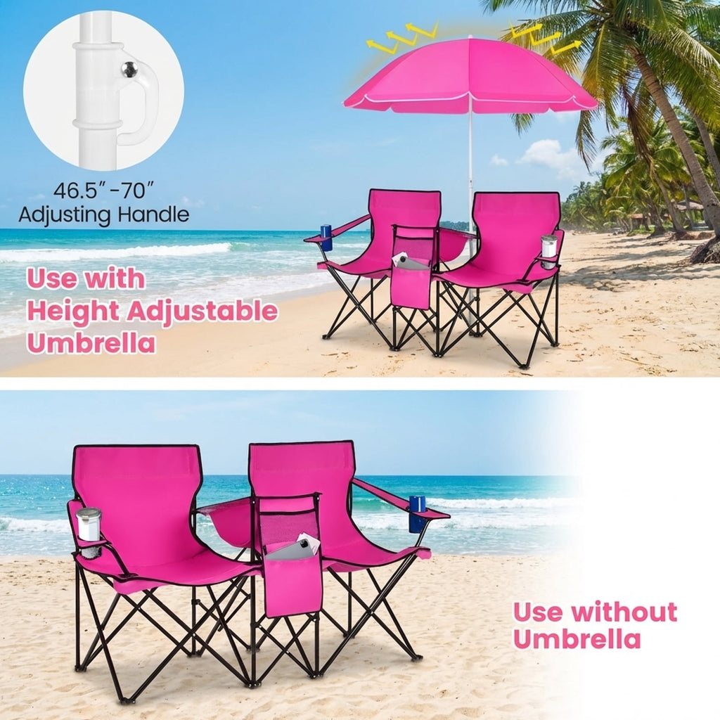 Biotree Double Camping Chair with Removable Umbrella Portable Folding Loveseat with Cooler Bag and Cup Holders for Beach Picnic, Pink