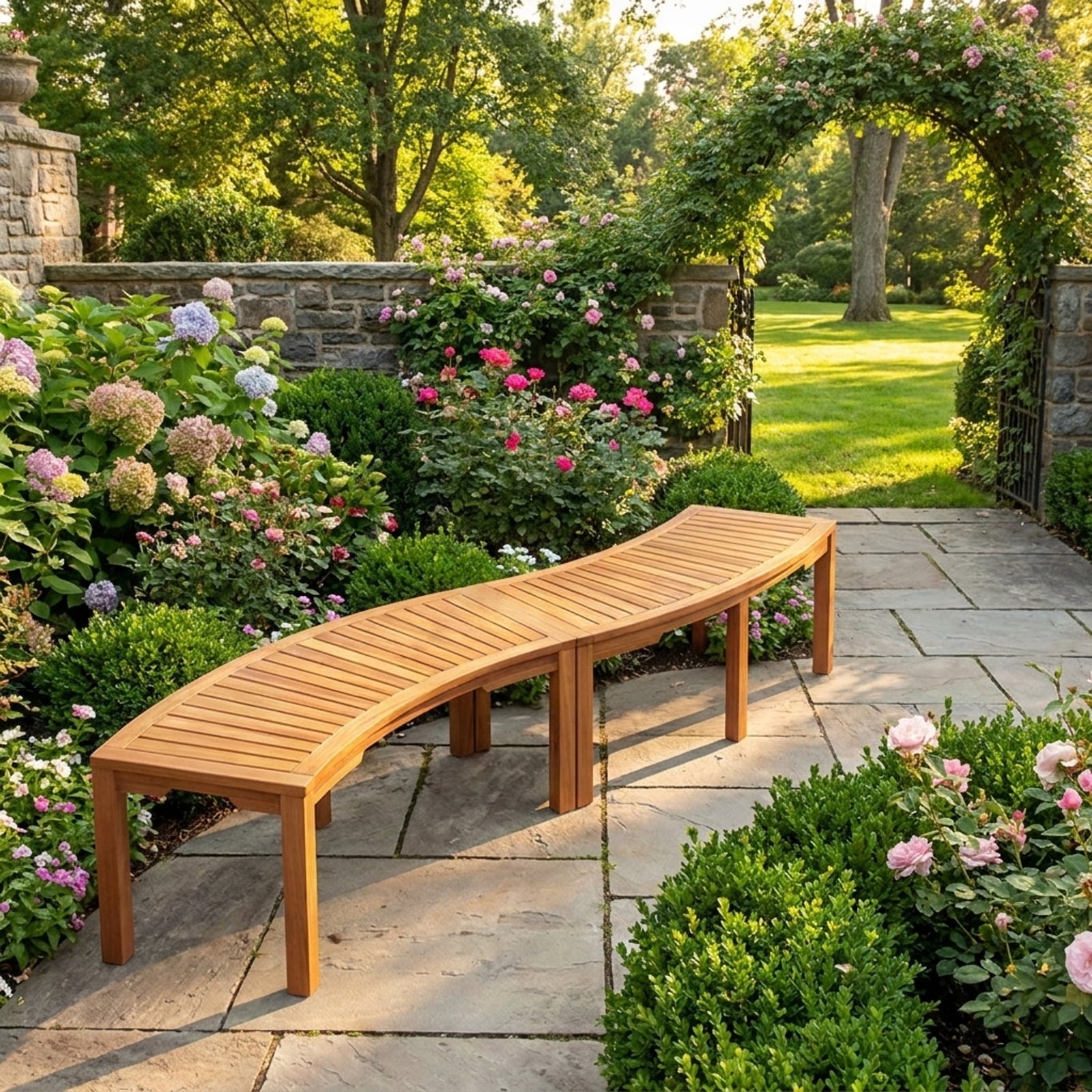 Biotree Set of 2 Outdoor Bench Acacia Wood Curved Garden Bench 2-Person Stackable Patio Chair for Garden BackyardNatural