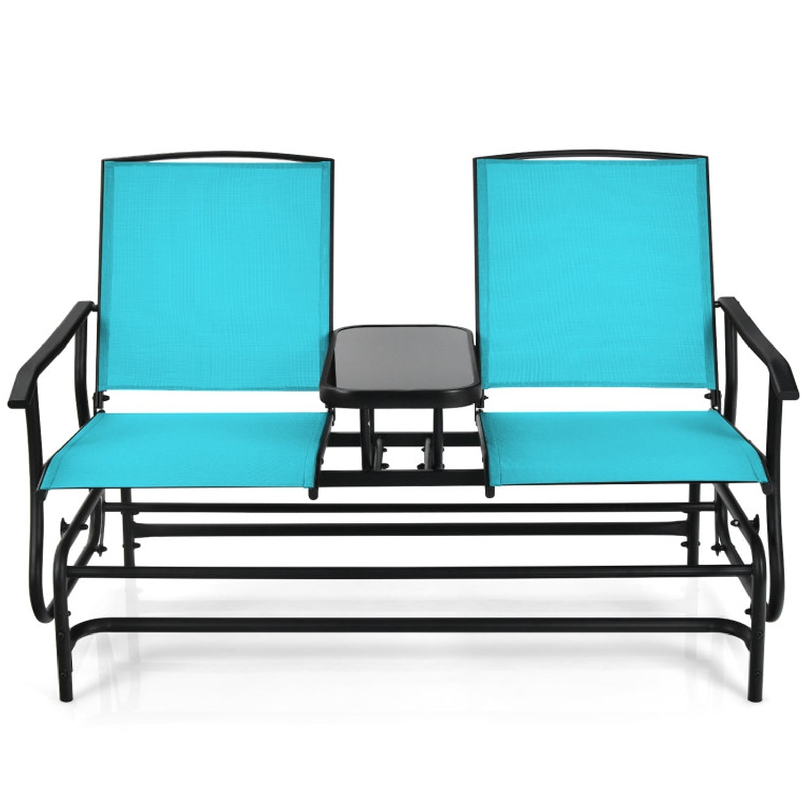 Biotree 2-Person Double Rocking Loveseat with Mesh Fabric and Center Tempered Glass TableTurquoise