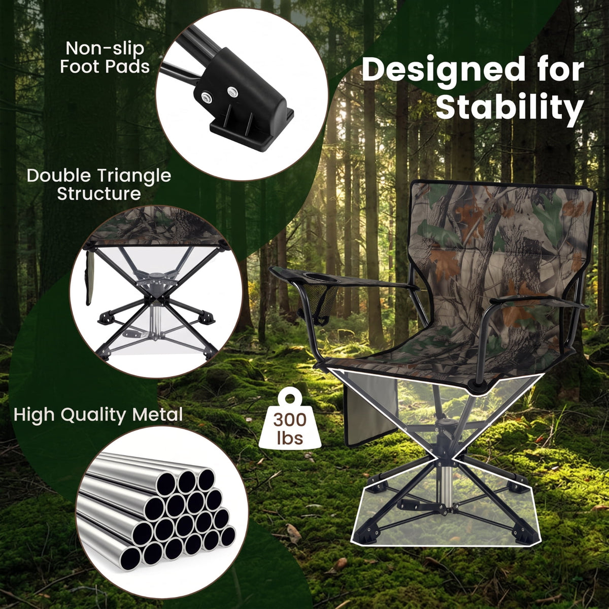Biotree 360 Degree Swivel Hunting Chair, Portable Folding Camping Chair with Cup Holder, Storage Pockets and Carry Bag, 300 Lbs Capacity, Green