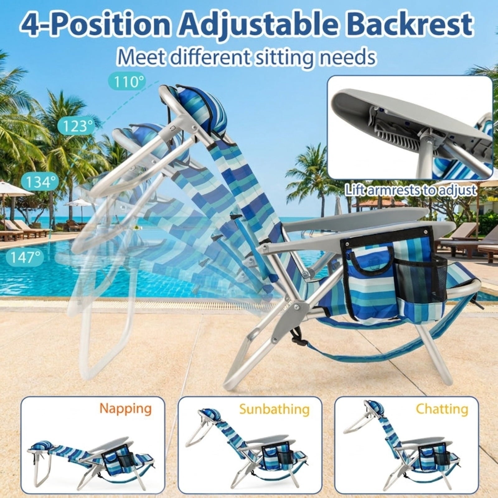Biotree Set of 1 Folding Beach Chair for Adults with 4-Position Adjustable Backrest Stackable Patio Chair for Garden BackyardBlue