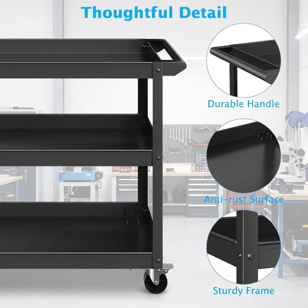 Biotree 3-Tier Metal Utility Cart Tool Trolley Flat Handle 2 Lockable Wheels 400 lbs - Black