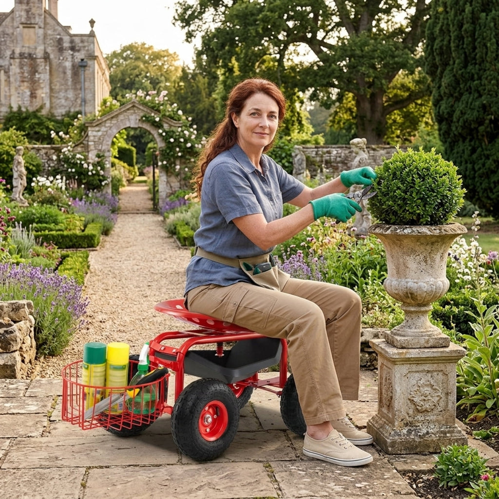 Biotree Rolling Garden Cart with 360¡ã Swivel Seat, Height Adjustable Garden Scooter, Heavy Duty Yard Cart with Tool Tray and Storage Basket for Gardening Weeding Yard Work Red