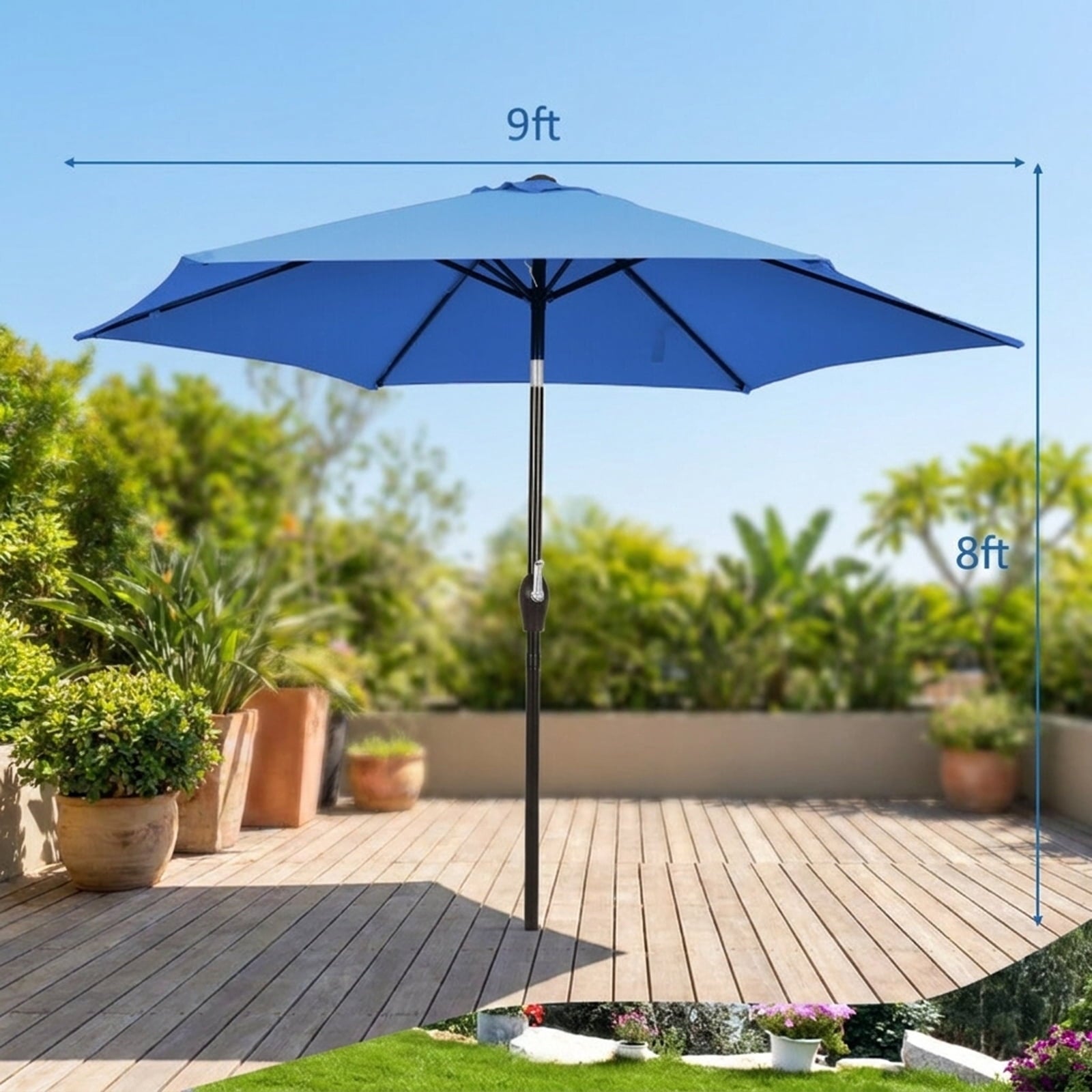 Biotree 9 ft Market Patio Umbrella with Crank and Tilt, 8 Sturdy Ribs, Vented Canopy - Blue for Backyard