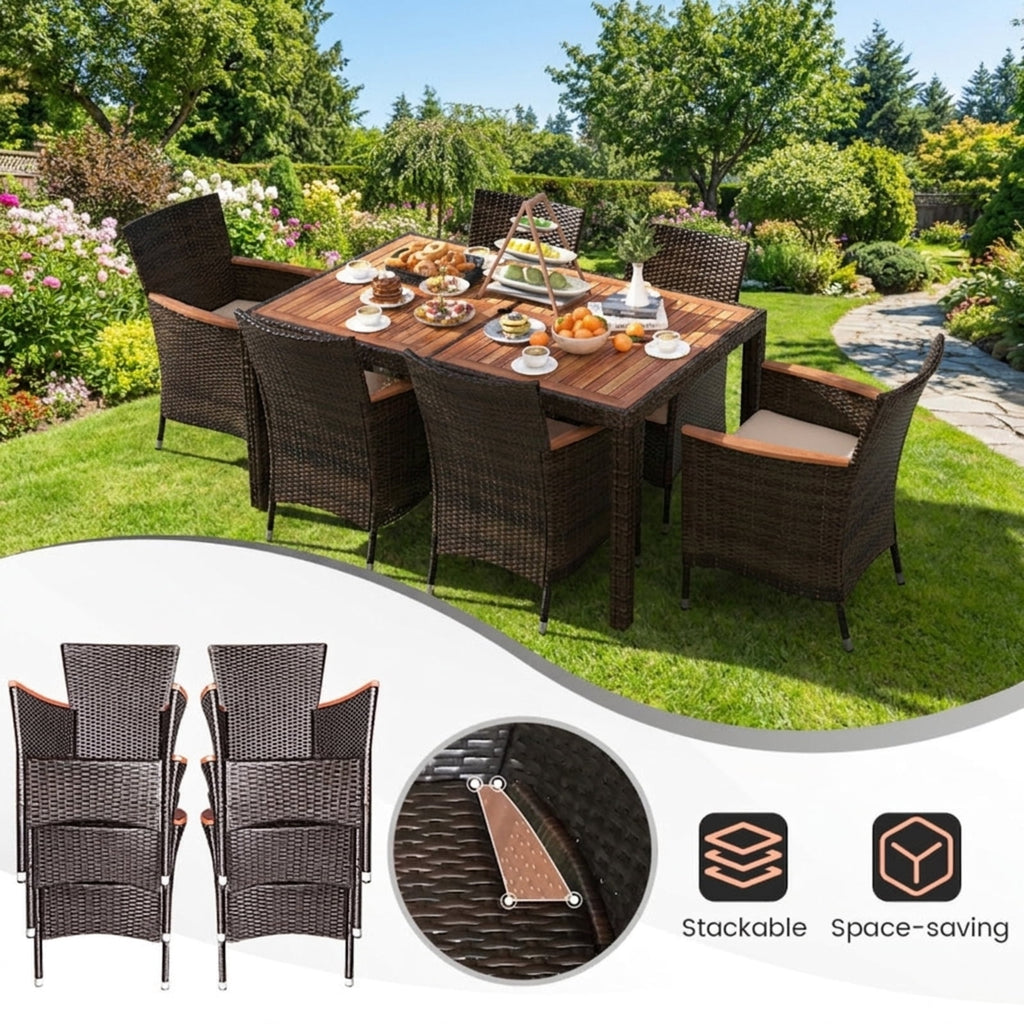 Biotree 7 Pieces Garden Dining Patio Rattan Set with Cushions for Backyard Outdoor Conversation Set for Garden Backyard PorchBrown