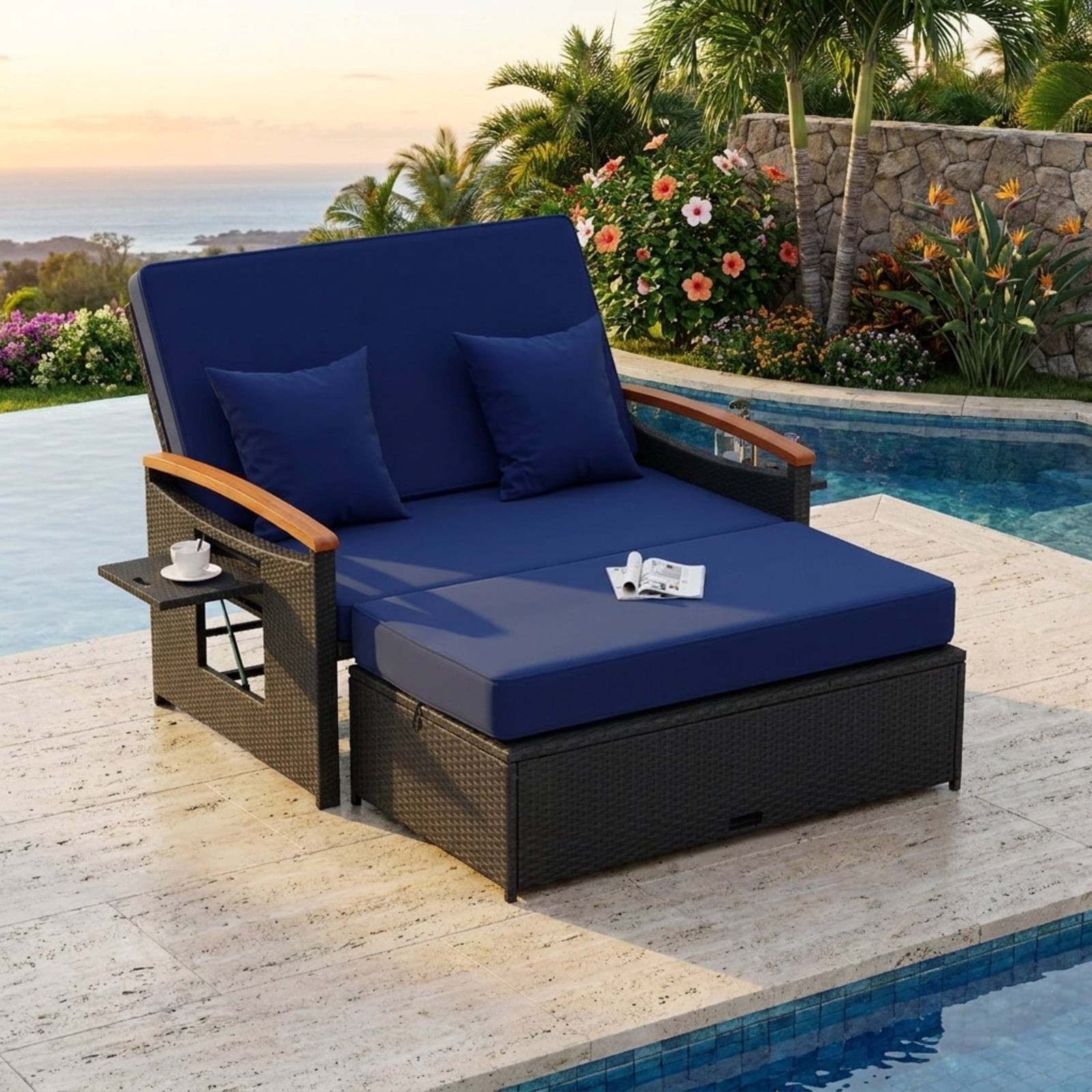 Biotree Outdoor Wicker Daybed with Folding Panels and Storage Ottoman Stackable Patio Chair for Garden BackyardDark Blue