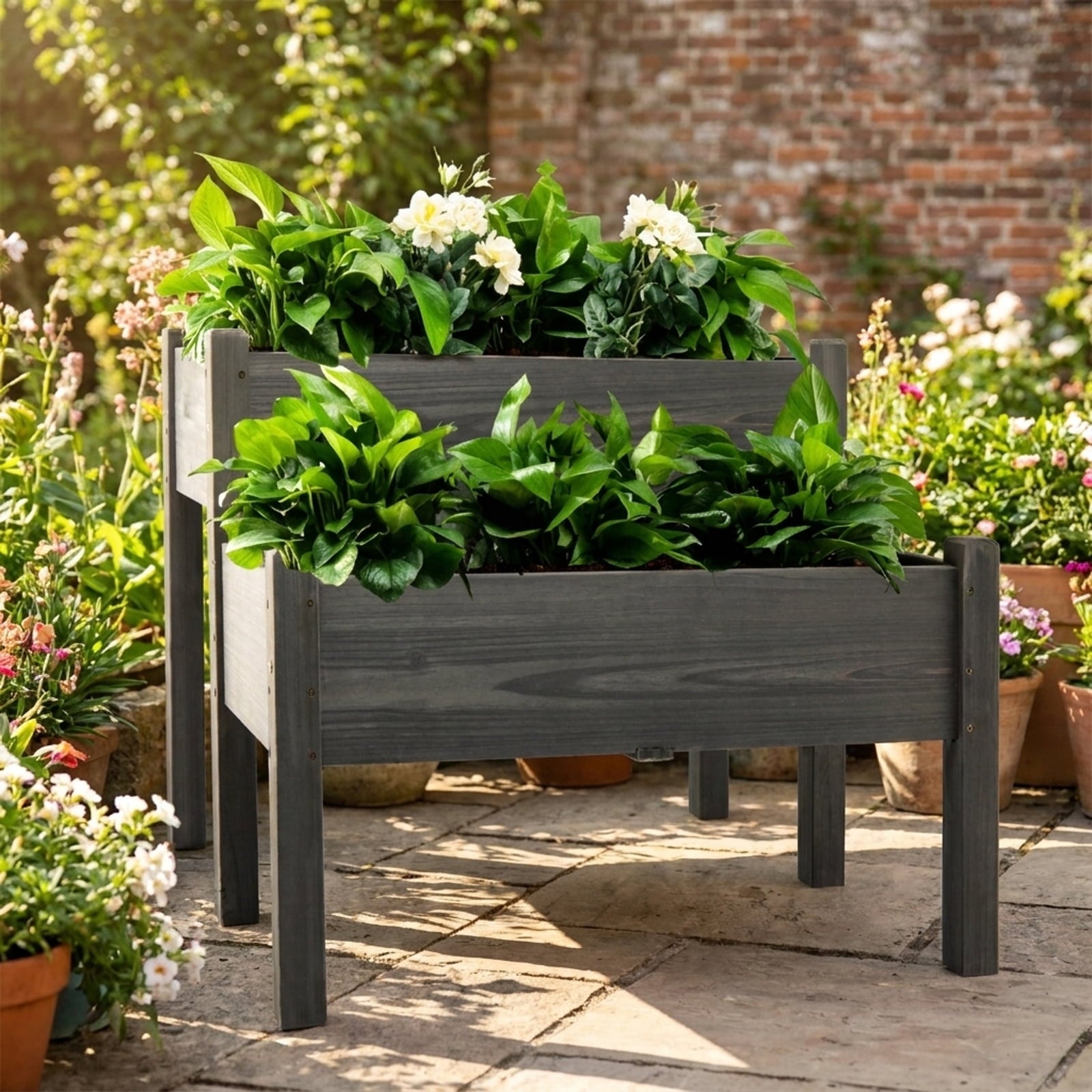 Biotree 2 Tier Wooden Raised Garden Bed with Legs Drain Holes, 34x33.5x28.5 Inch Stacked Fir Wood Elevated Planter Box for Vegetables Flowers Herbs, Gray