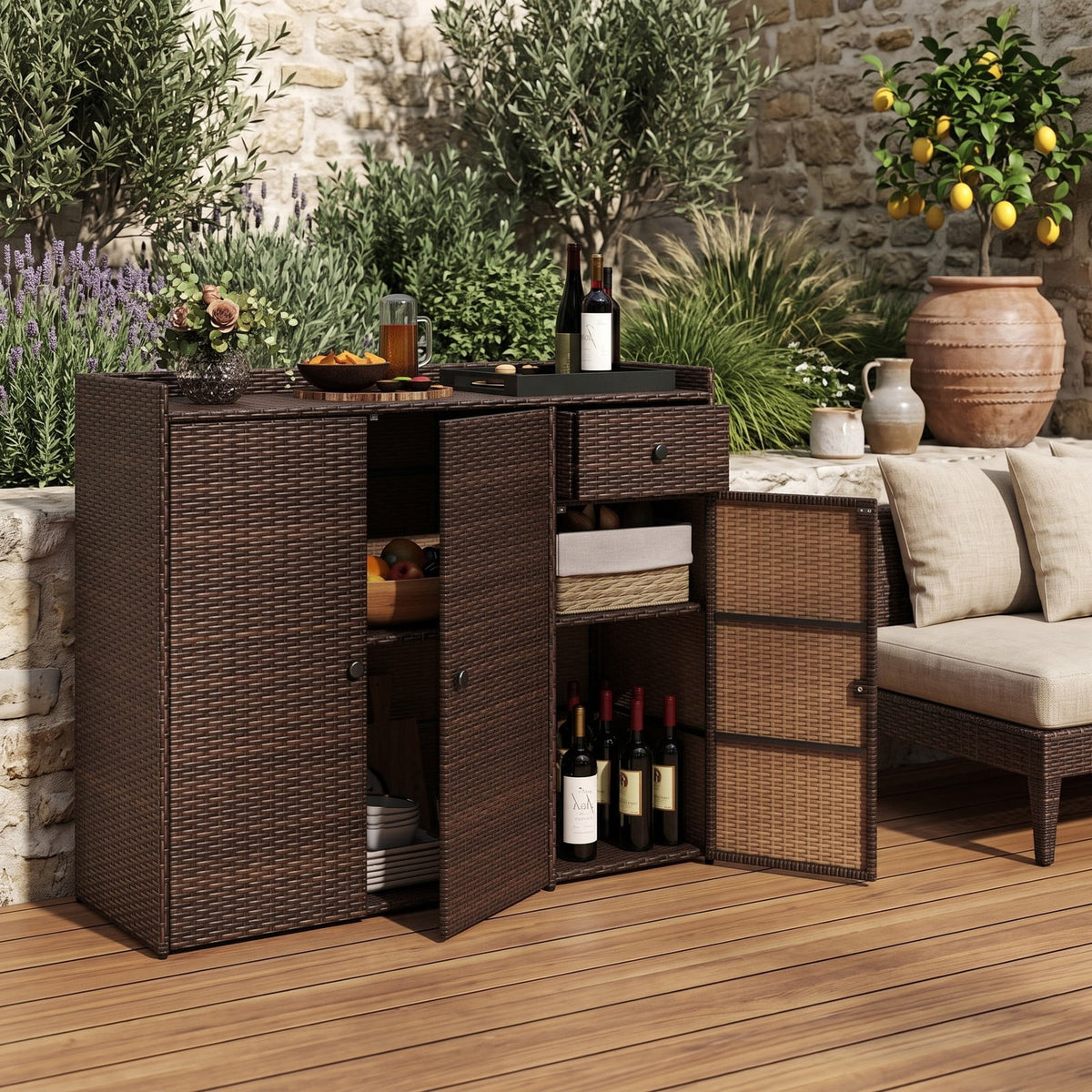 Biotree Outdoor PE Wicker Storage Cabinet with 3 Doors, Weatherproof Rattan Deck Box with Countertop, Adjustable Shelves Drawer for Patio Garden Deck, Brown