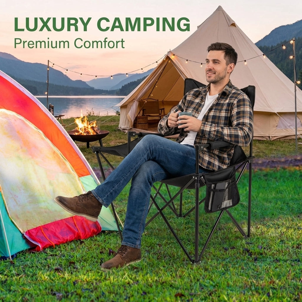 Biotree Heavy Duty Oversized Folding Camping Chair with Side Table and Storage Pockets Portable Outdoor Chair for Adults, Black