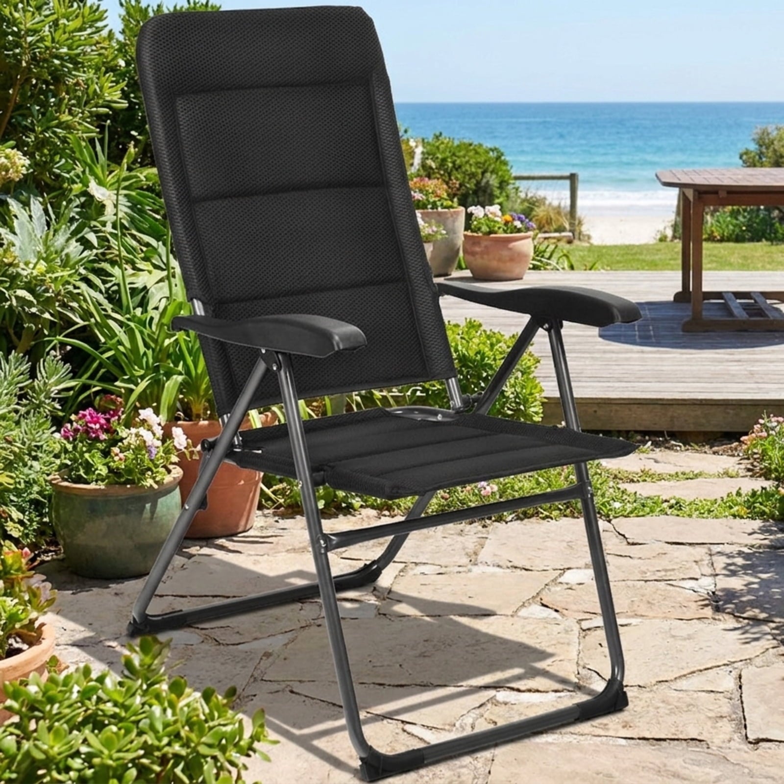 Biotree Set of 4 Patio Folding Chairs with Adjustable Backrest Stackable Patio Chair for Garden BackyardBlack
