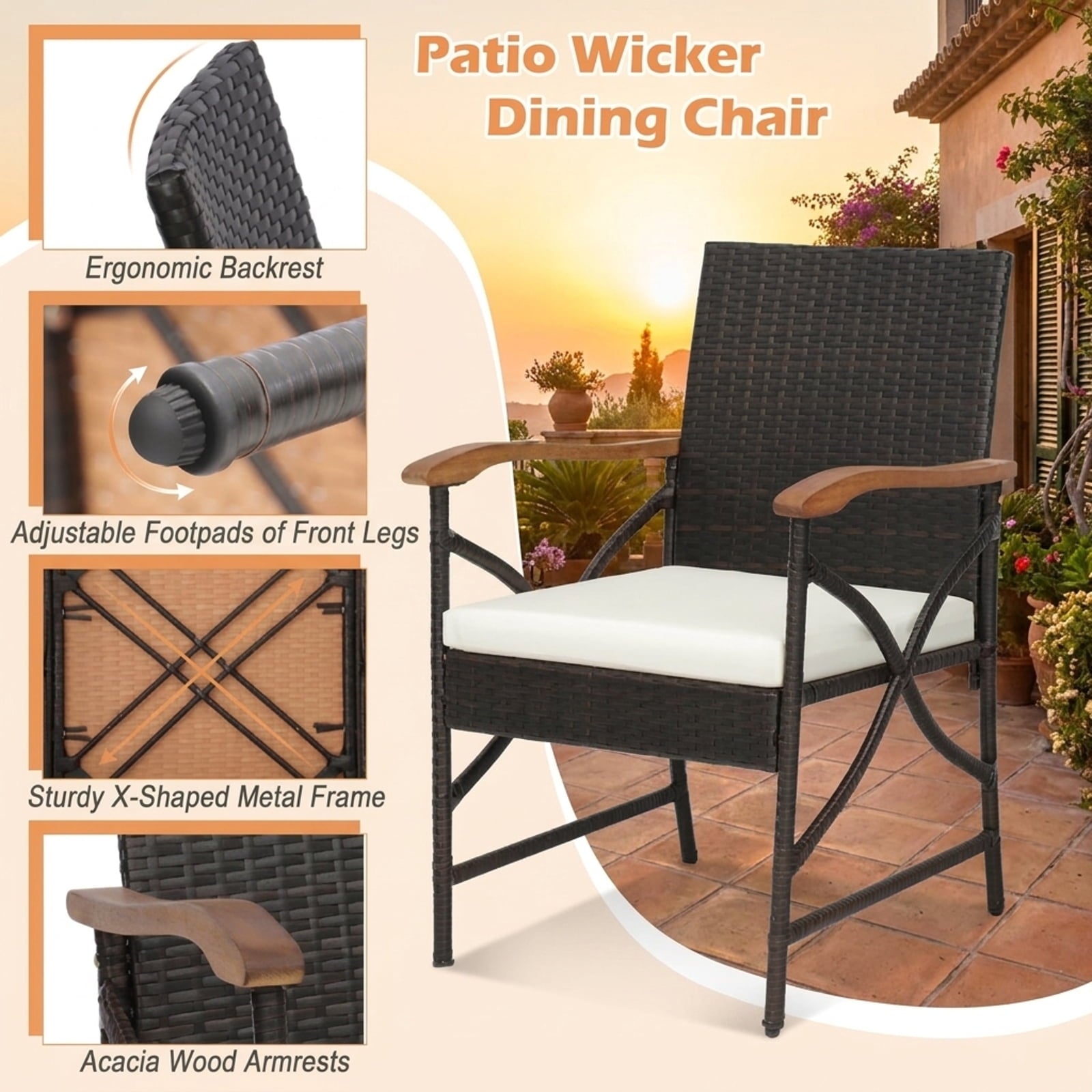 Biotree Set of 2/4 Patio Wicker Dining Chairs with Soft Zippered Cushion-Set of 2 Stackable Patio Chair for Garden BackyardMix Brown