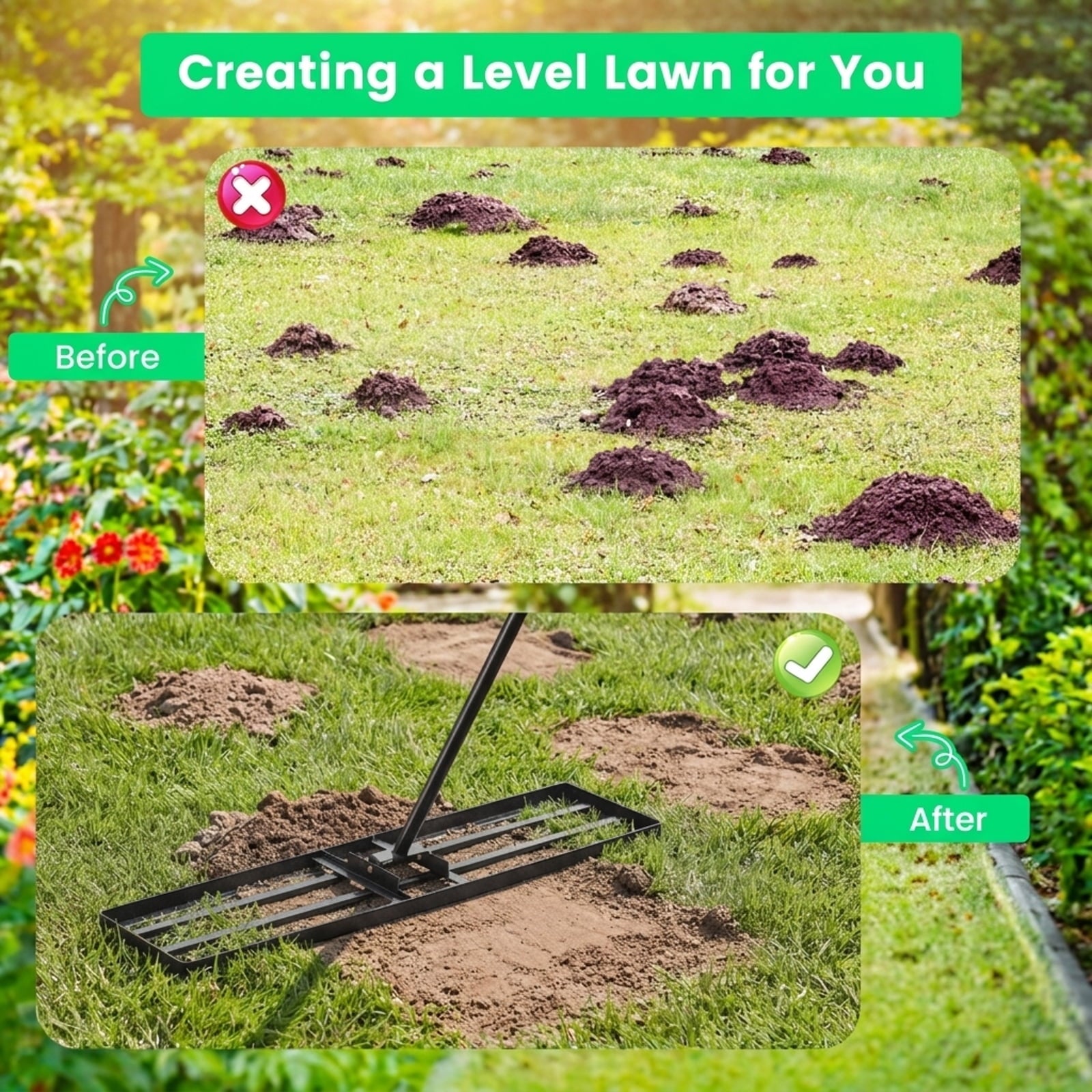 Biotree 42 x 10 Inch Lawn Leveling Rake with Ergonomic Handle for Lawn Garden Yard Soil Care, Black