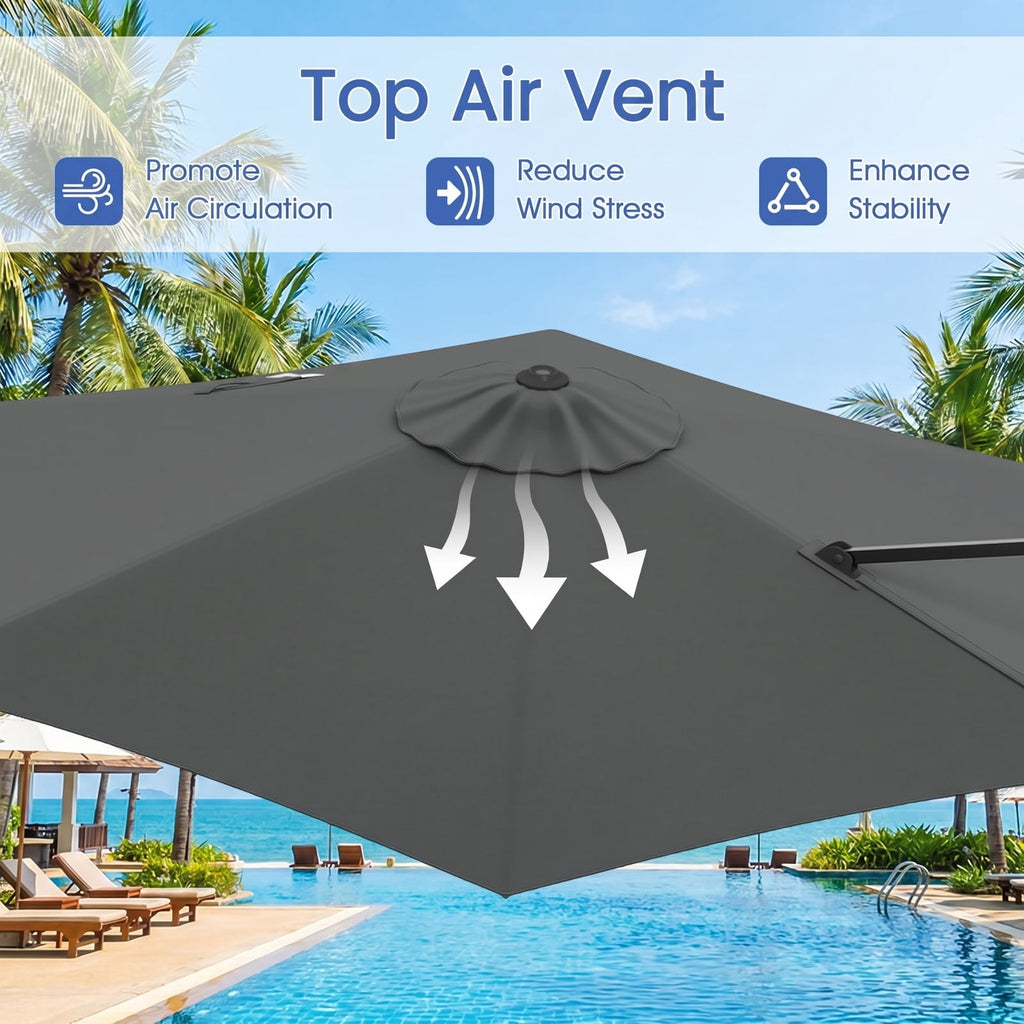 Biotree 9 ft Cantilever Patio Umbrella Offset Hanging with Cross Base, 8 Ribs - Gray for Backyard Garden Poolside