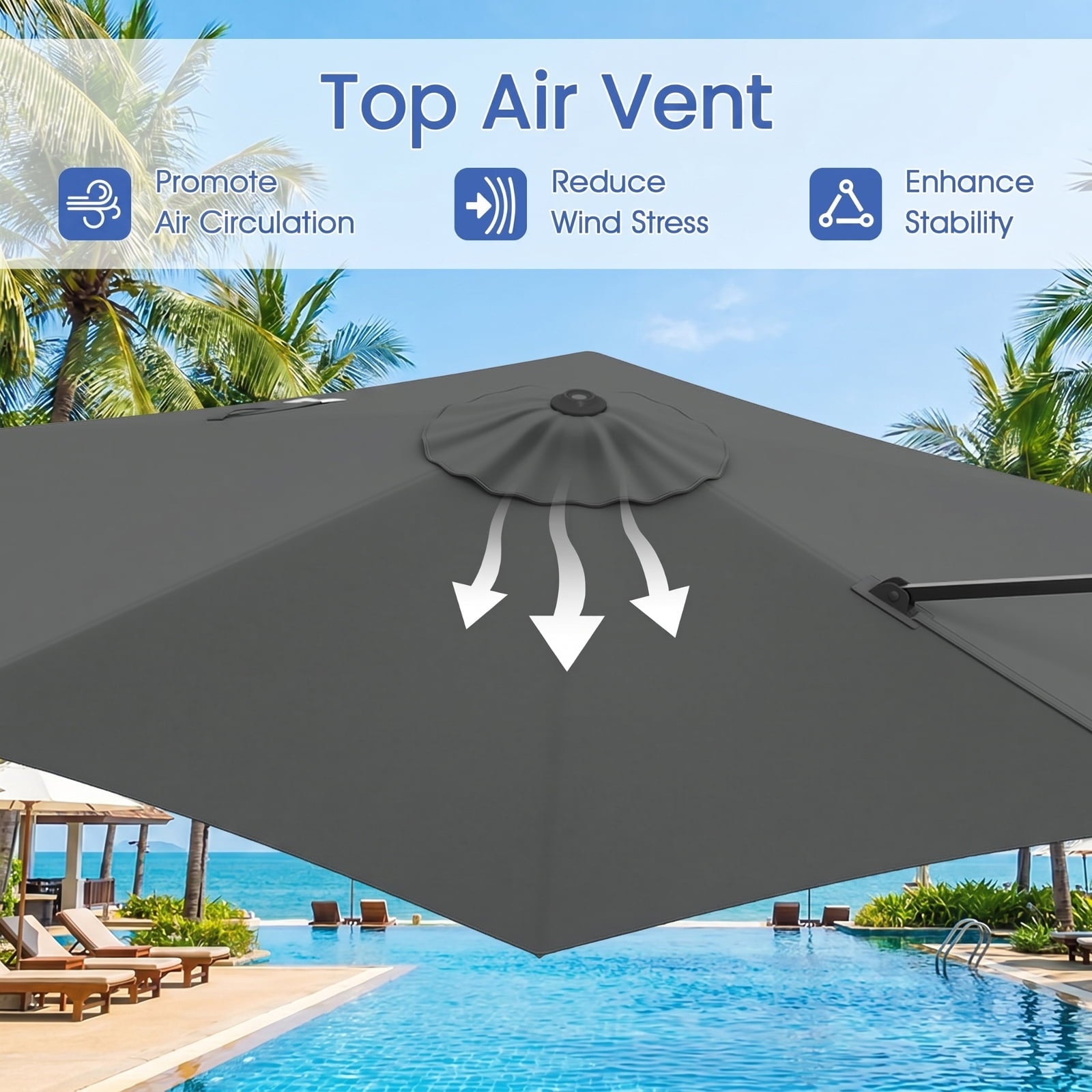 Biotree 9 ft Cantilever Patio Umbrella Offset Hanging with Cross Base, 8 Ribs - Gray for Backyard Garden Poolside