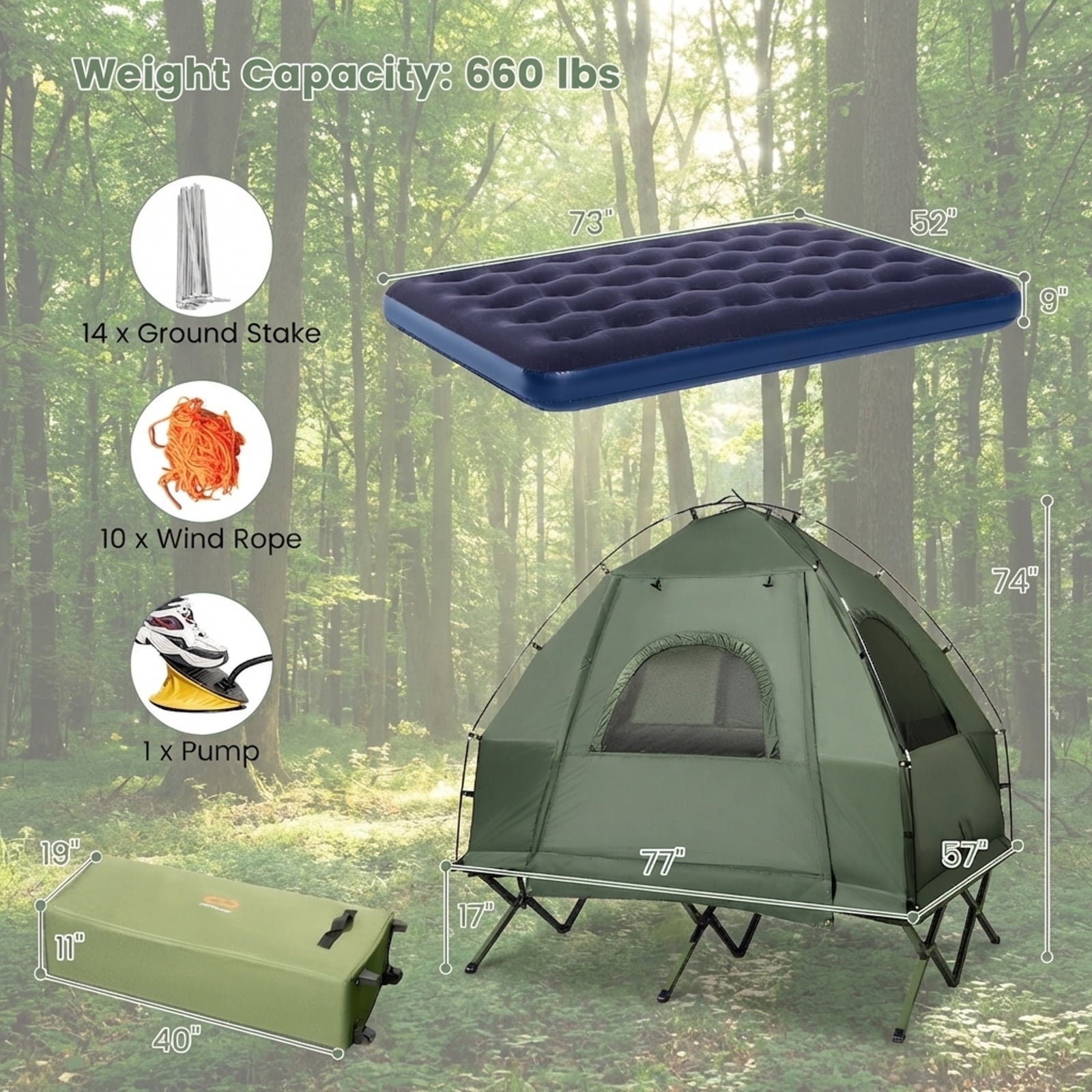 Biotree 2-Person Foldable Off-Ground Camping Cot Tent with Pop Up Shelter and Wheeled Carry Bag