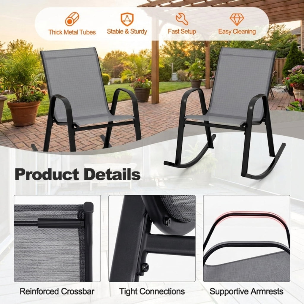 Biotree Set of 2 Metal Patio Rocking Chair with Breathable Seat Fabric Stackable Patio Chair for Garden BackyardGray