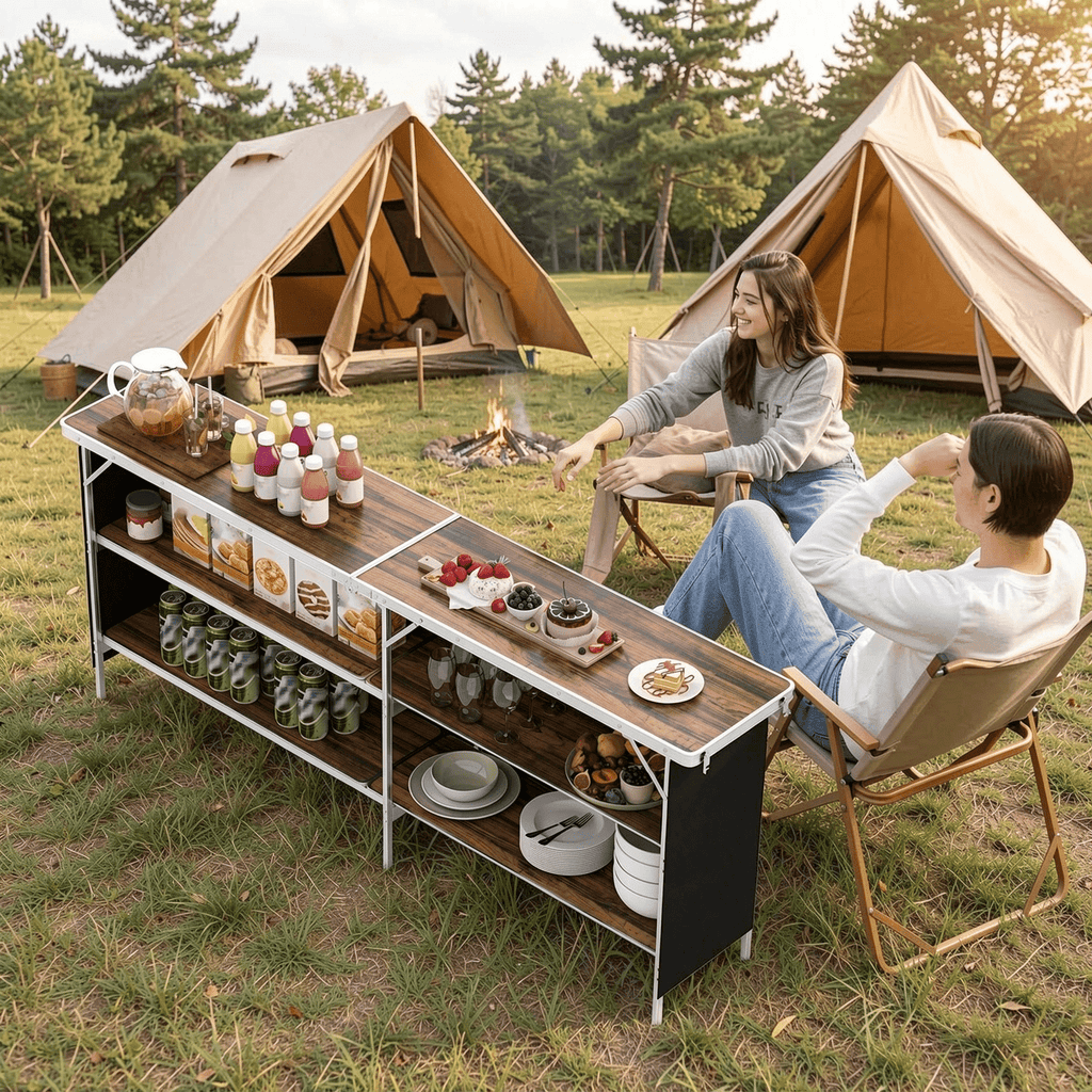 Biotree Aluminum Portable Picnic Table with 2-Tier Open Shelves and Spacious Tabletop Folding Camping Table for Outdoor, Brown