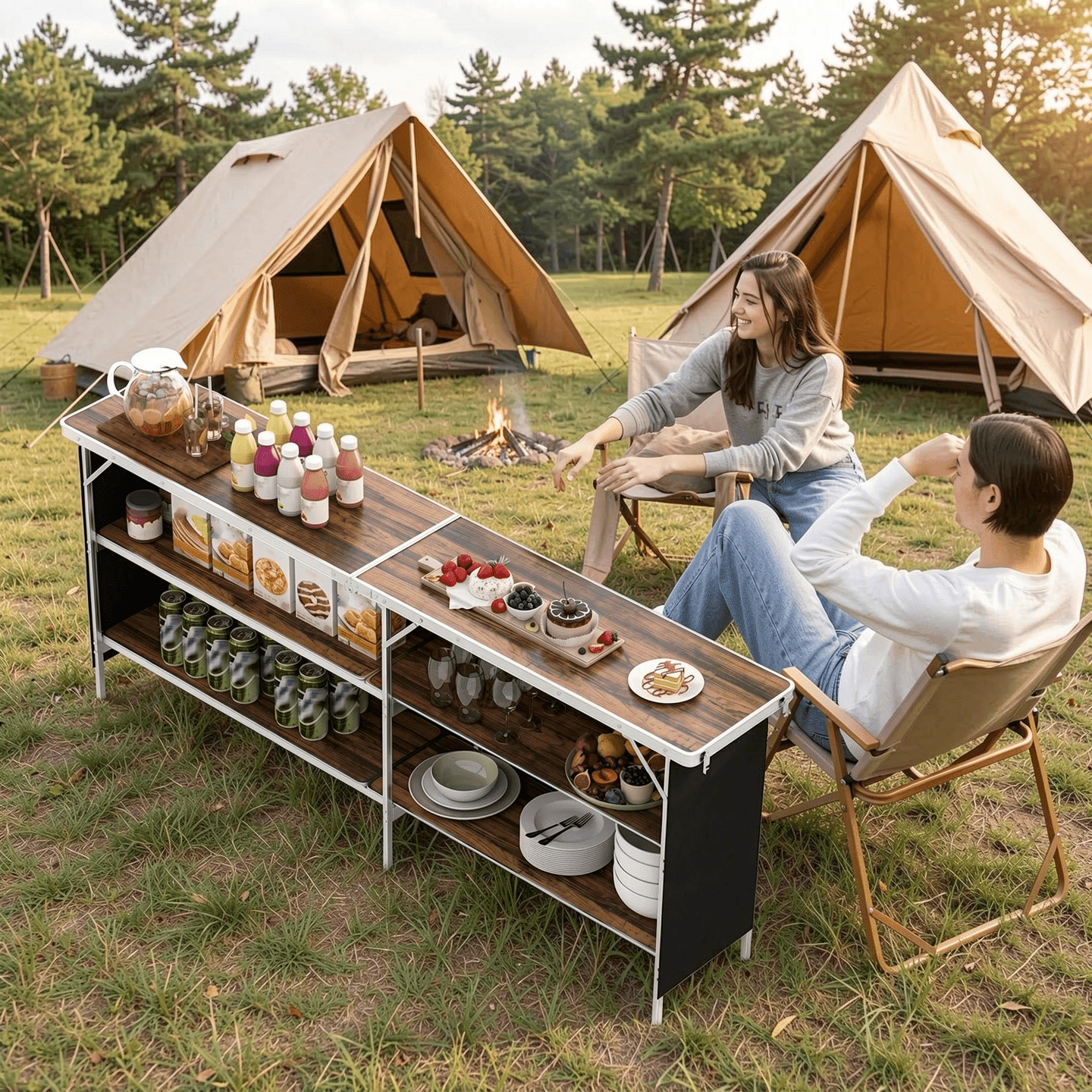 Biotree Aluminum Portable Picnic Table with 2-Tier Open Shelves and Spacious Tabletop Folding Camping Table for Outdoor, Brown