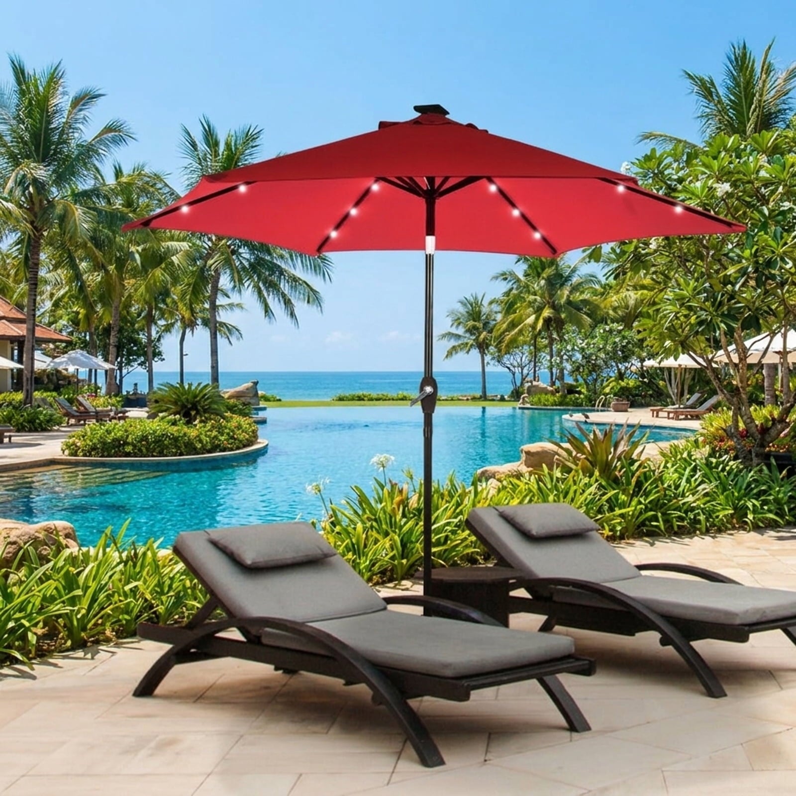 Biotree 9 ft Solar LED Market Patio Umbrella with Crank and Tilt, 6 Sturdy Ribs, Vented Canopy - Walnut