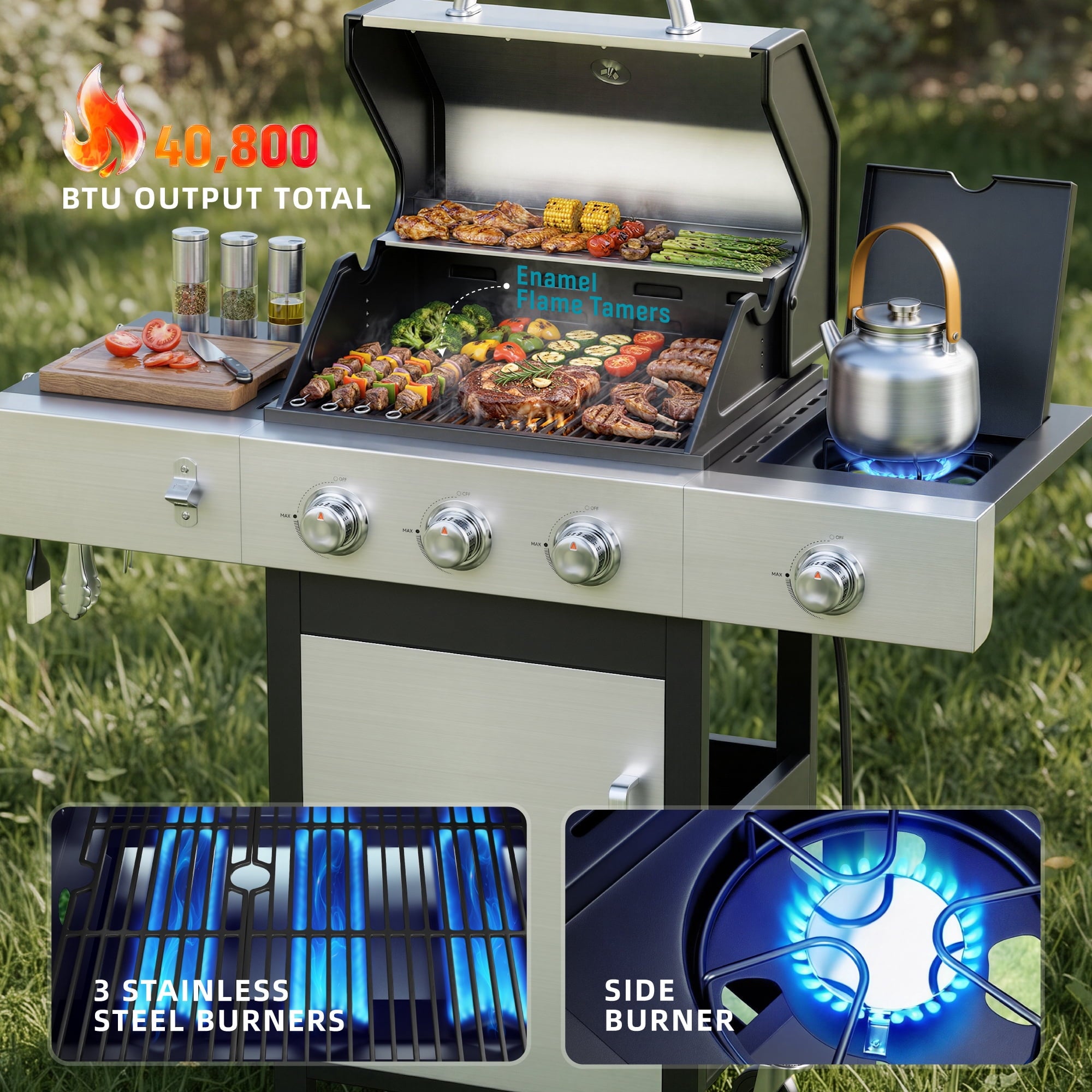 Biotree 3 Burner Gas Grill with Side Burner, 40800 BTU Barbecue Grill Propane Stainless Steel BBQ Grill with Porcelain-Enameled Cast Iron Grates for Outdoor Cooking