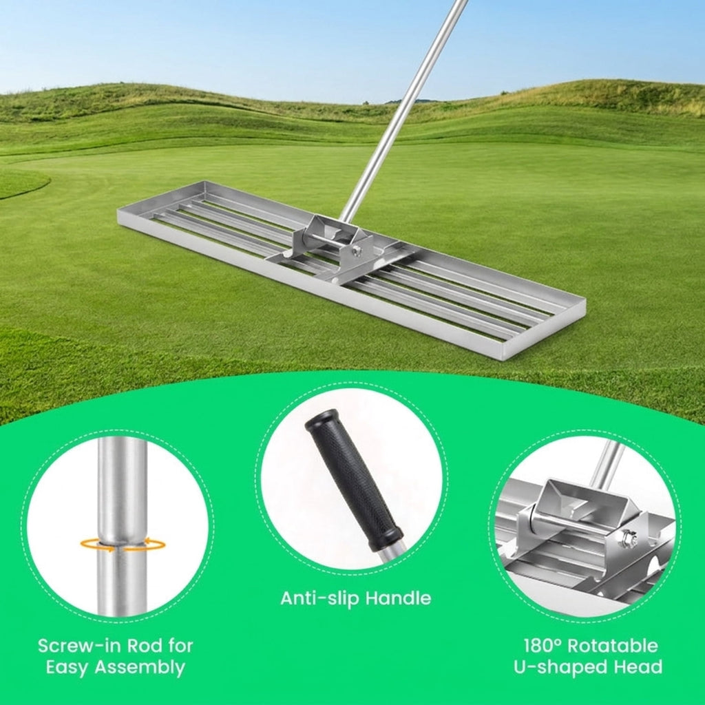 Biotree 42 x 10 Inch Lawn Leveling Rake with Ergonomic Handle for Lawn Garden Yard Soil Care, Silver