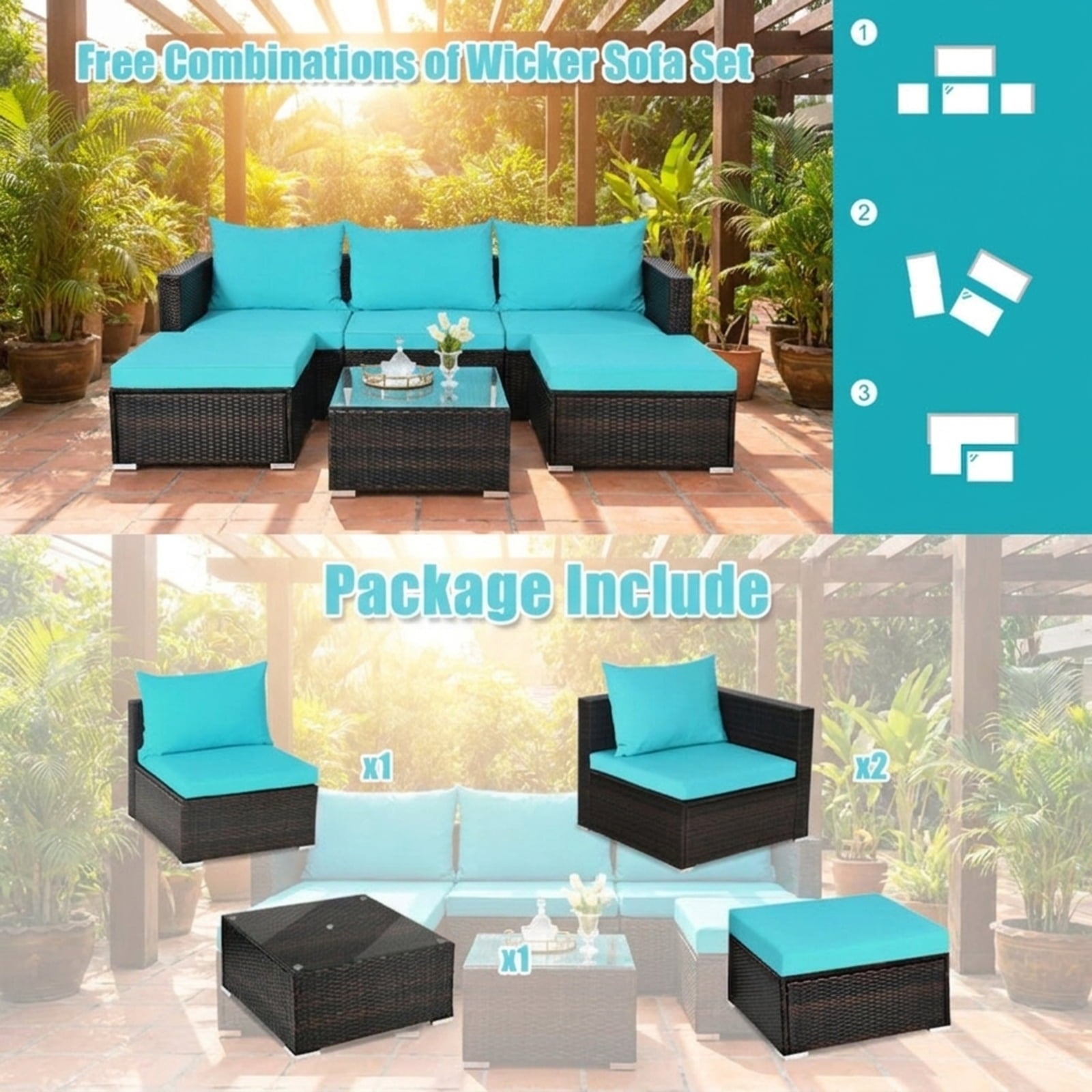 Biotree 5 Pieces Patio Rattan Furniture Set with Coffee Table Outdoor Conversation Set for Garden Backyard PorchTurquoise