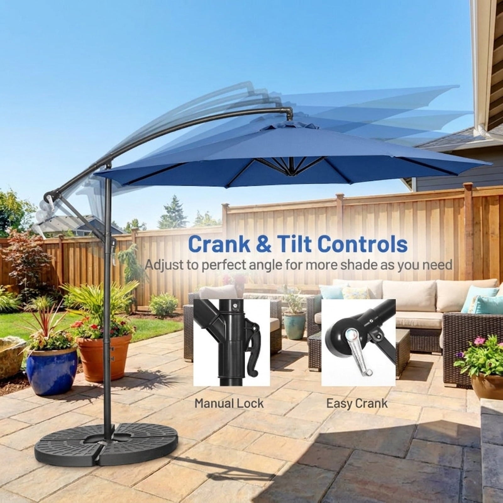 Biotree 10 ft Cantilever Offset Patio Umbrella 8-Rib Outdoor Shade - Blue - UV Protection with Cross Base