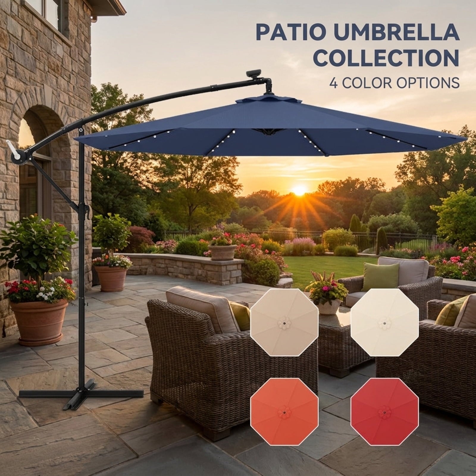 Biotree 10 ft Solar LED Cantilever Patio Umbrella Offset Hanging with Cross Base, 8 Ribs - Navy Blue