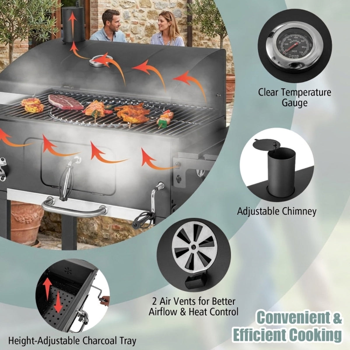 Biotree Outdoor BBQ Charcoal Grill with Folding Side Tables, Portable Charcoal BBQ Smoker on Wheels, Charcoal Grill Cooker with Thermometer for Backyard Patio Camping Black