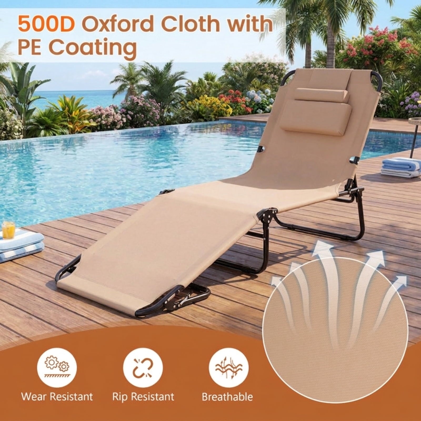 Biotree Beach Chaise Lounge Chair with Face Hole and Removable Pillow Stackable Patio Chair for Garden BackyardBeige