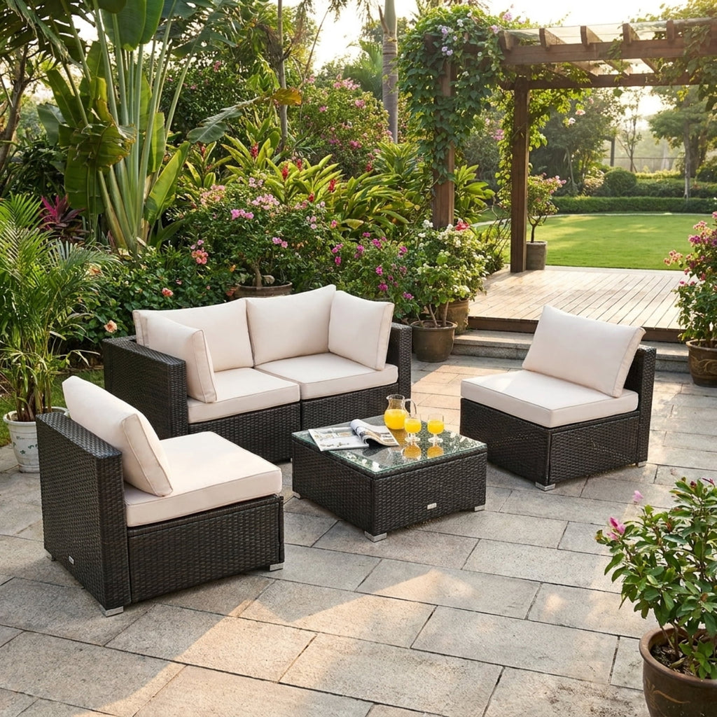 Biotree 5 Pieces Cushioned Patio Rattan Furniture Set with Glass Table Outdoor Conversation Set for Garden Backyard PorchWhite