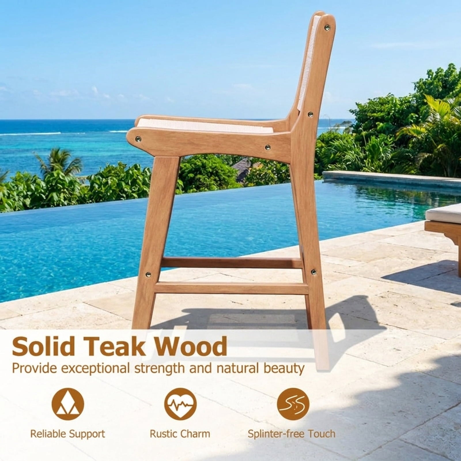 Biotree Outdoor Teak Wood Counter Height Bar Stool with Woven Paper Rope Seat, Natural - Outdoor Patio Bar Height Chair with Footrest