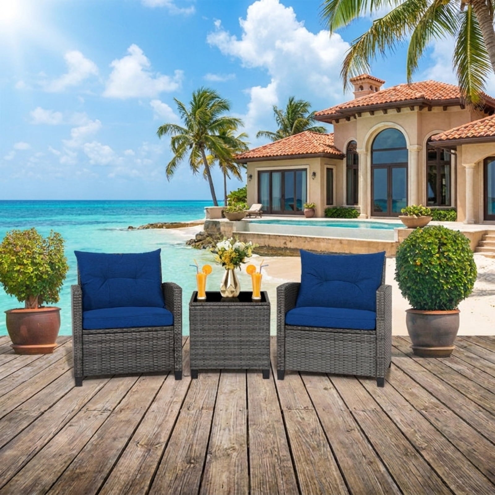 Biotree 3 Pieces Outdoor Wicker Conversation Set with Tempered Glass Tabletop Outdoor Conversation Set for Garden Backyard PorchNavy