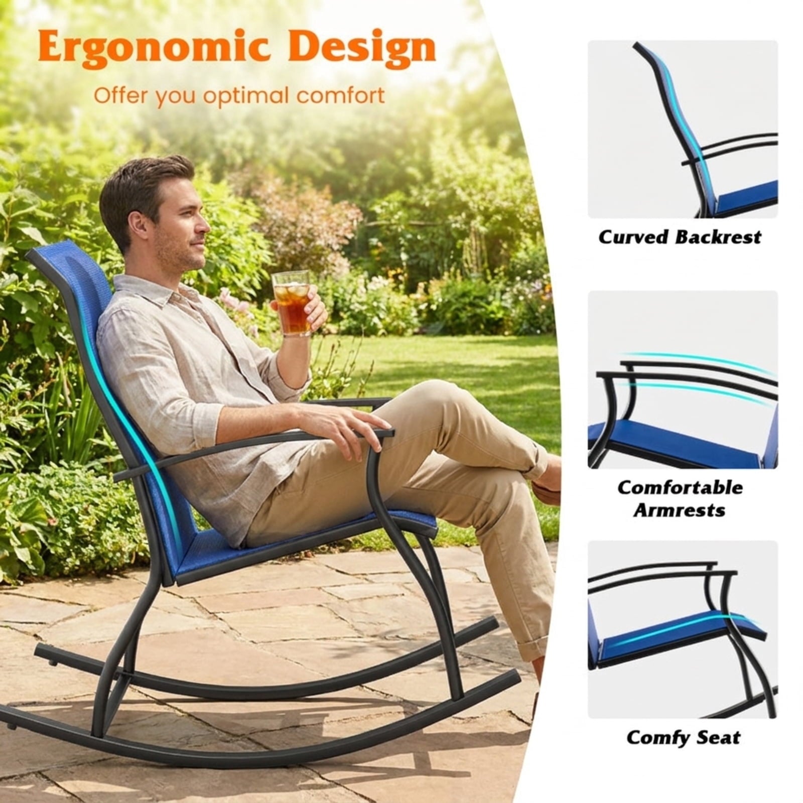 Biotree 2 Pieces Outdoor Rocking Chairs with Breathable Backrest Stackable Patio Chair for Garden BackyardNavy