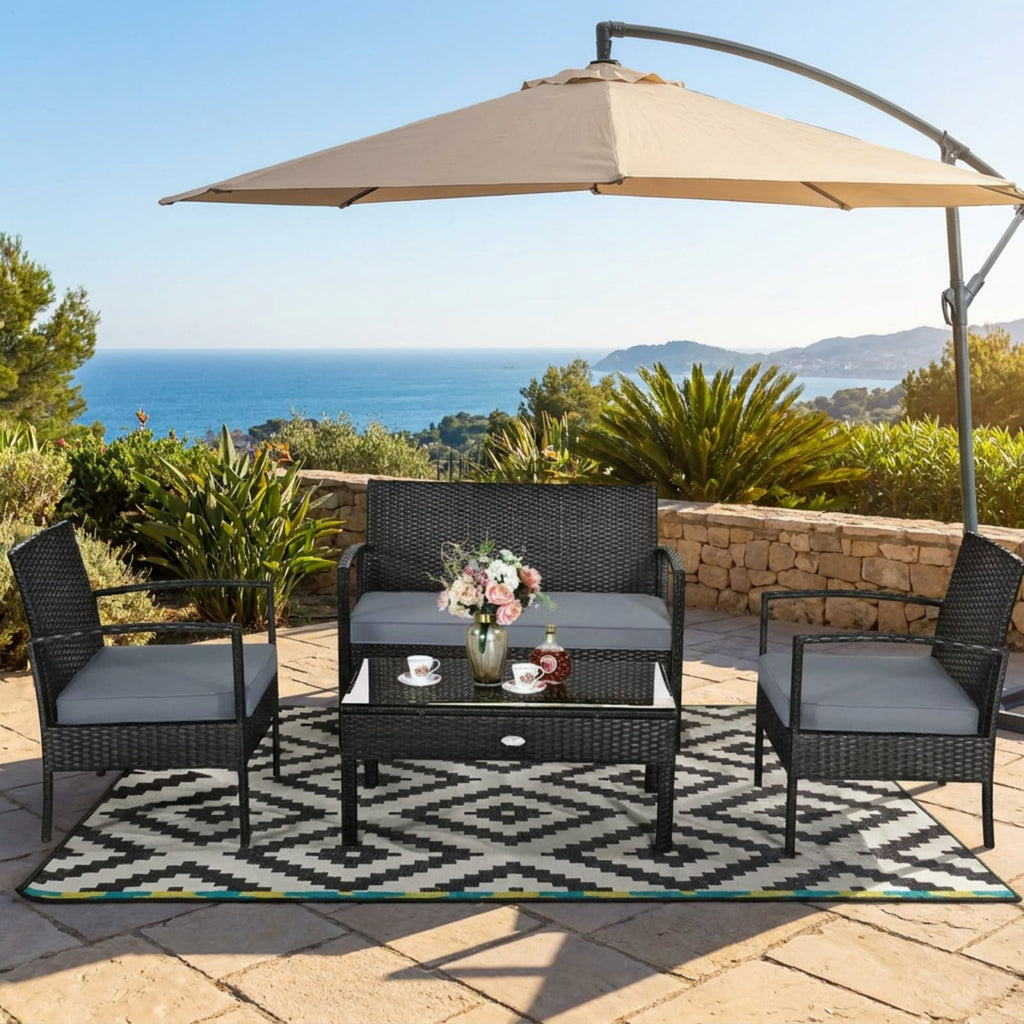 Biotree 4 Pieces Patio Rattan Cushioned Furniture Set Outdoor Conversation Set for Garden Backyard PorchGray