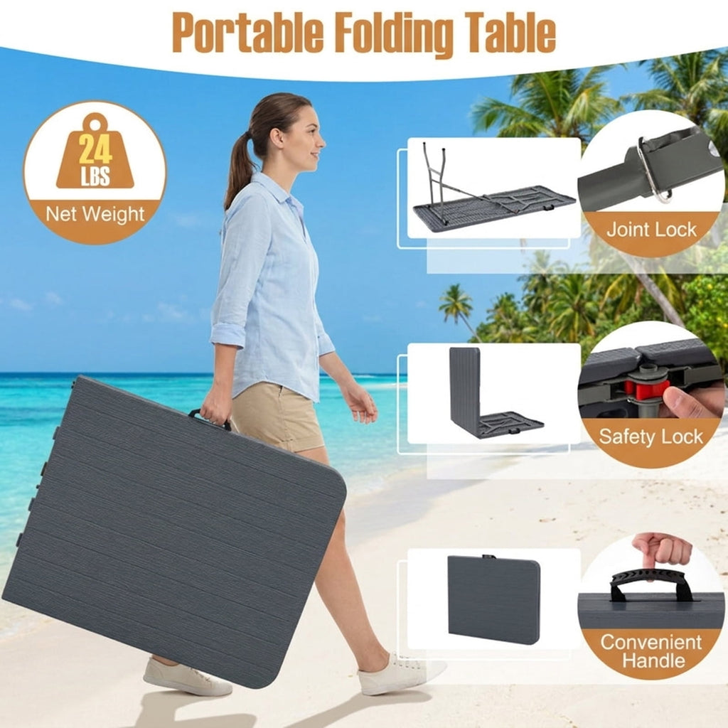 Biotree 6 Feet Folding Table with Wood Grain HDPE Tabletop and Safe Lock Mechanism, Gray