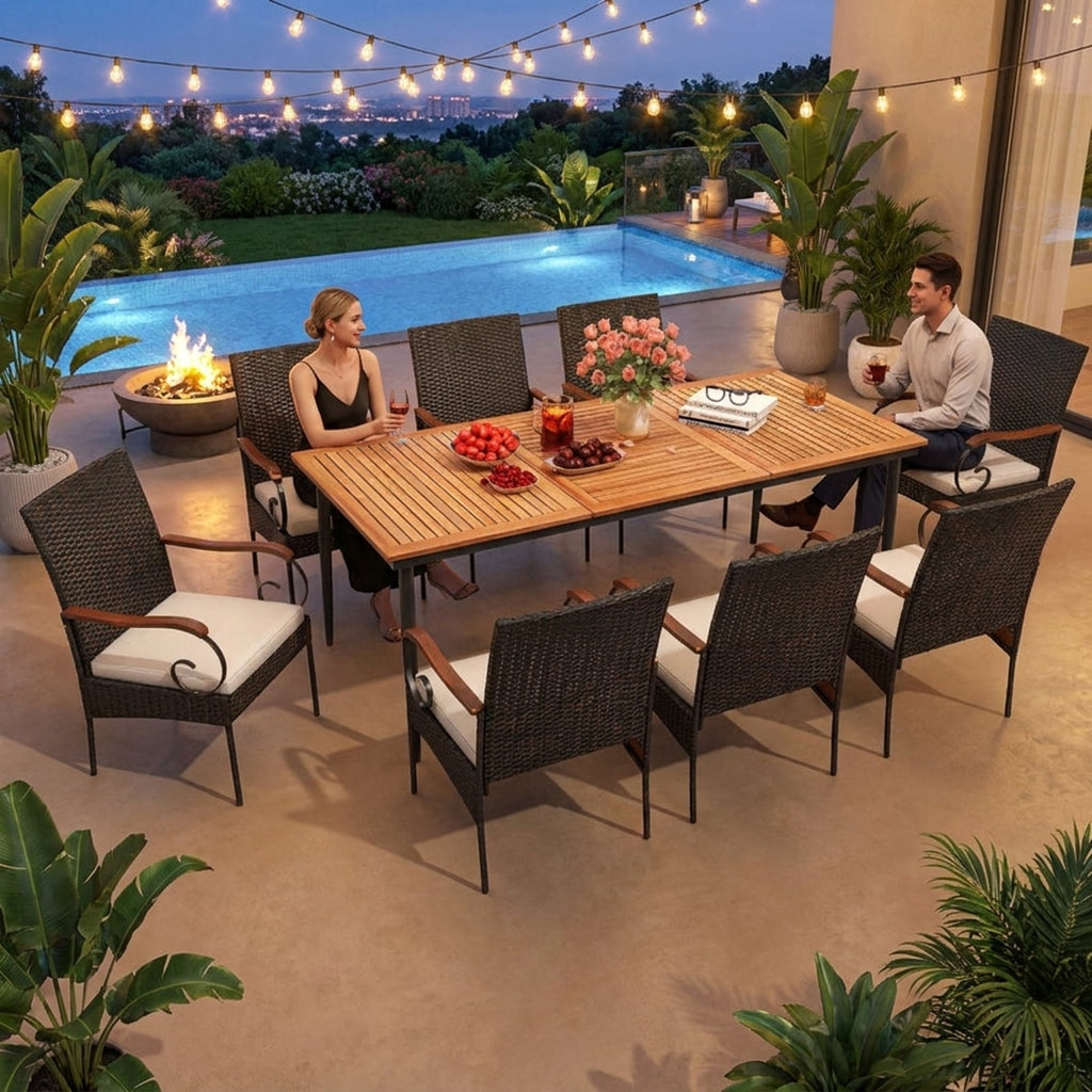 Biotree 9 Pieces Rattan Patio Dining Set with Acacia Wood Table and Cushioned Chair Outdoor Conversation Set for Garden Backyard PorchMix Gray