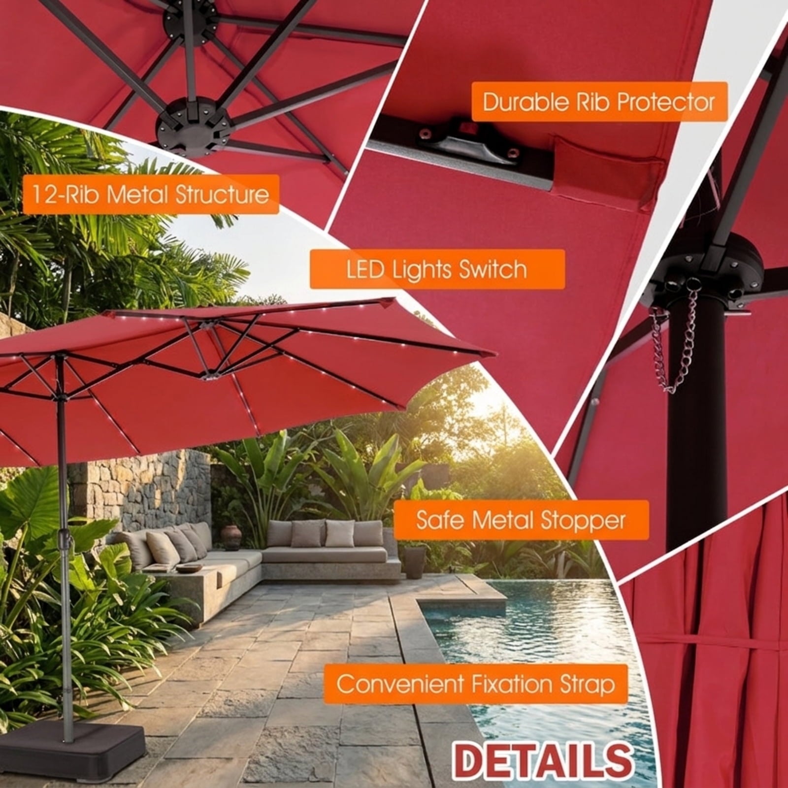 Biotree 15 FT Patio Umbrella, Twin Patio Umbrella with 48 Solar LED Lights for Patio Garden Backyard Pool, Dark Red