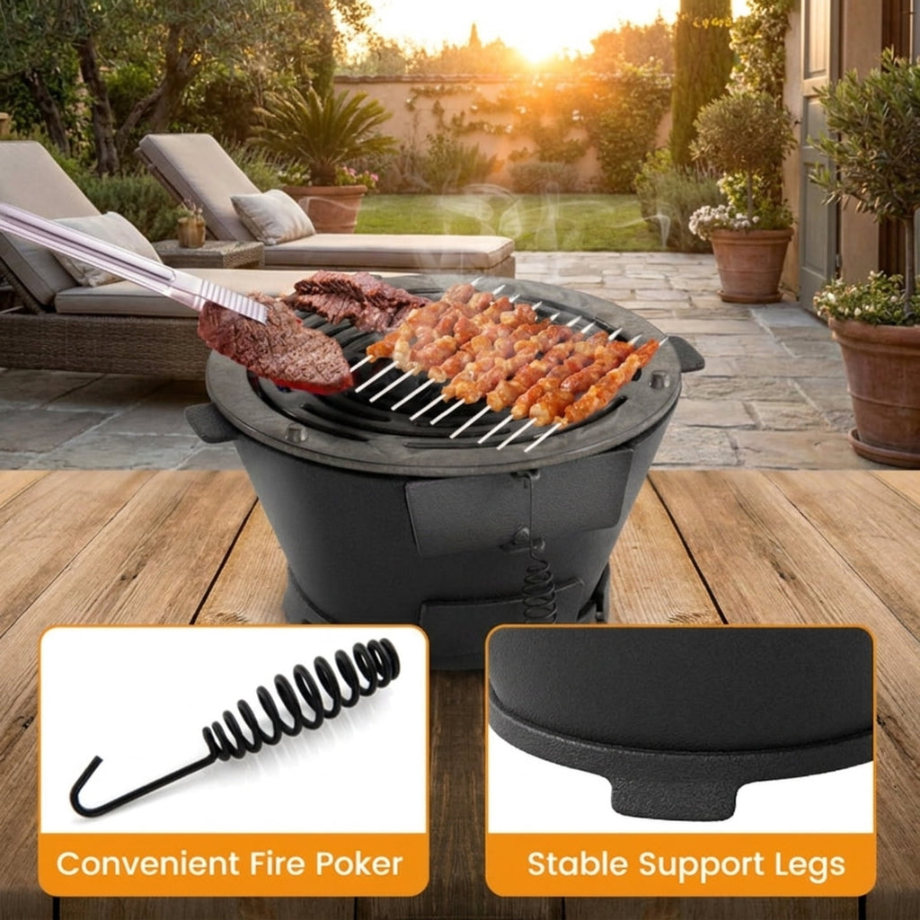 Biotree Round Hibachi Grill Outdoor Portable Charcoal Stove with 12 Inch Double-Sided Grate for Outdoor Backyard Camping Patio BBQ, Black