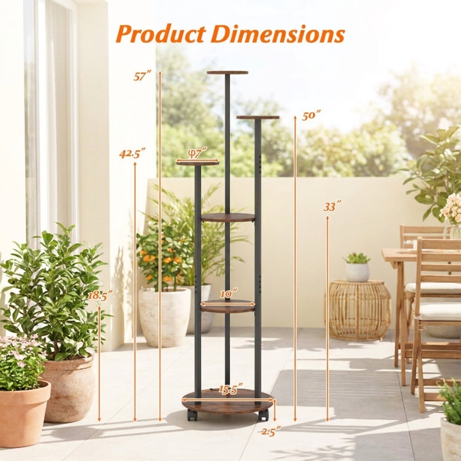 Biotree 6-tier Plant Stand with RGB Light and Wheels 57inch Tall Indoor Display Shelf Flowerpot Holder for Indoor Outdoor Patio Balcony Garden, Rustic Brown