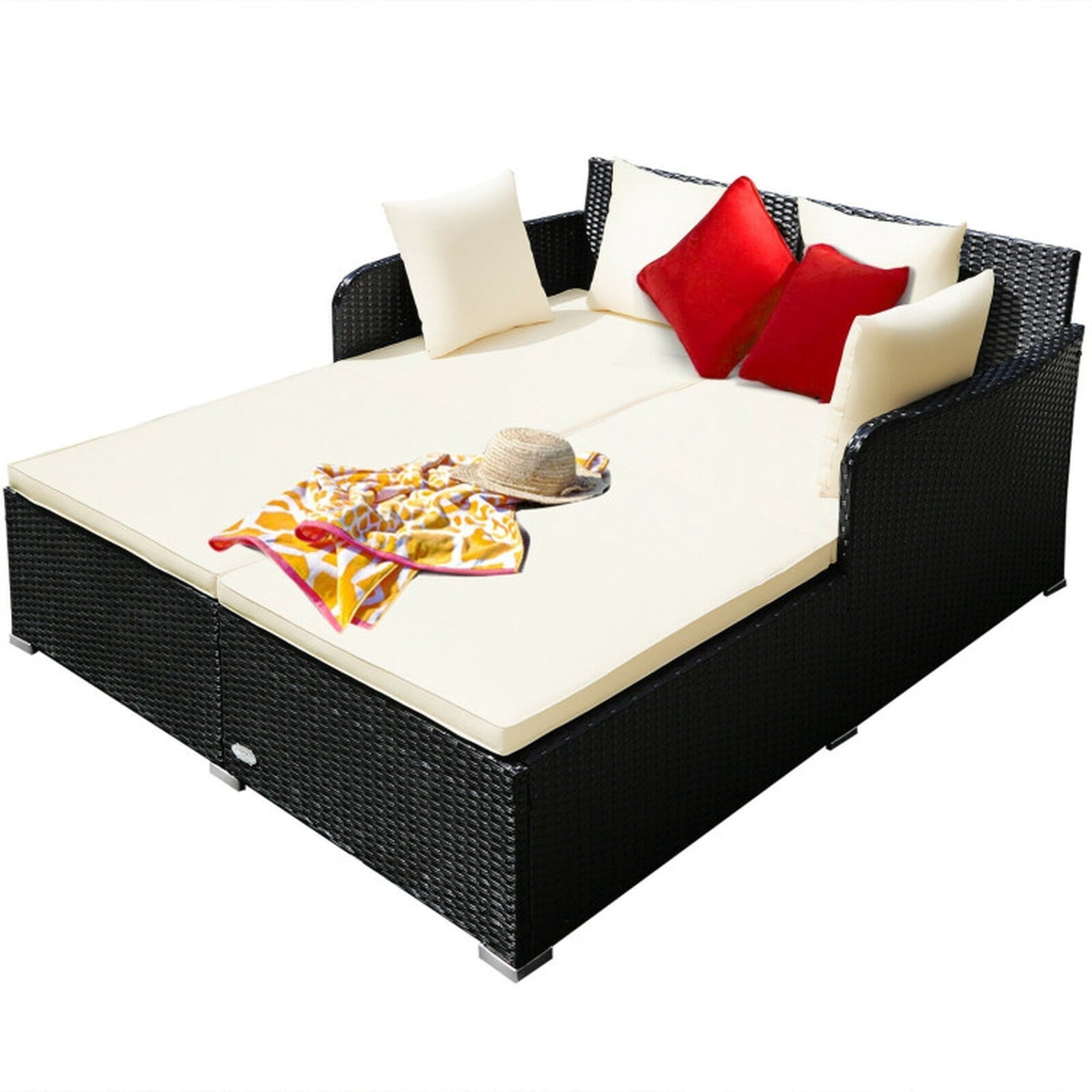 Biotree Spacious Outdoor Rattan Daybed with Upholstered Cushions and Pillows Outdoor Conversation Set for Garden Backyard PorchWhite