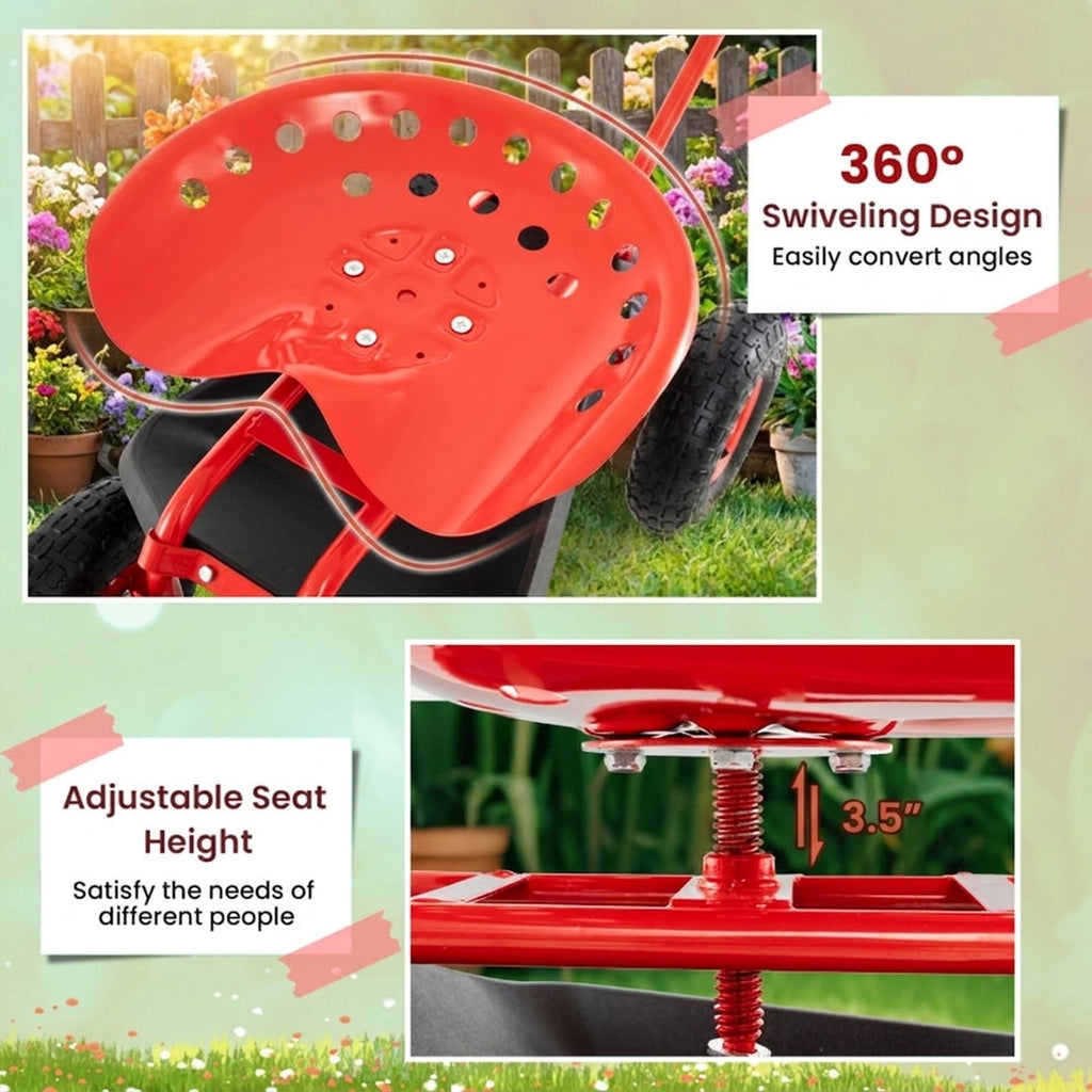 Biotree Extendable Handle Garden Cart Rolling Wagon Scooter for Garden Yard Lawn Work Outdoor, Red