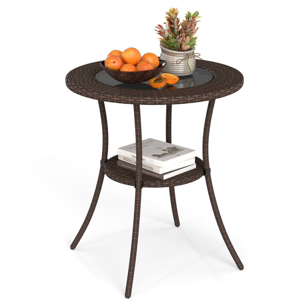 Biotree 25.5-Inch PE Wicker Patio Bistro Table Round with Tempered Glass Top and Shelf, Black