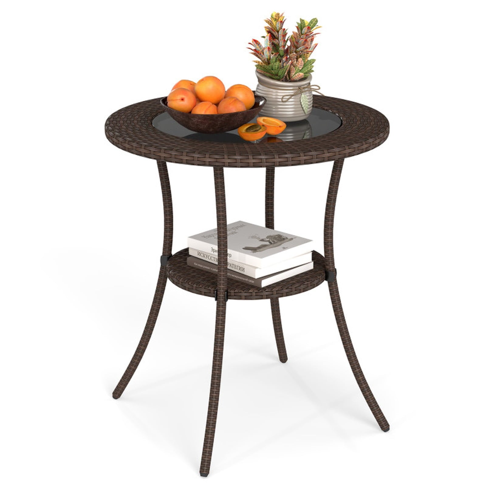 Biotree 25.5-Inch PE Wicker Patio Bistro Table Round with Tempered Glass Top and Shelf, Black