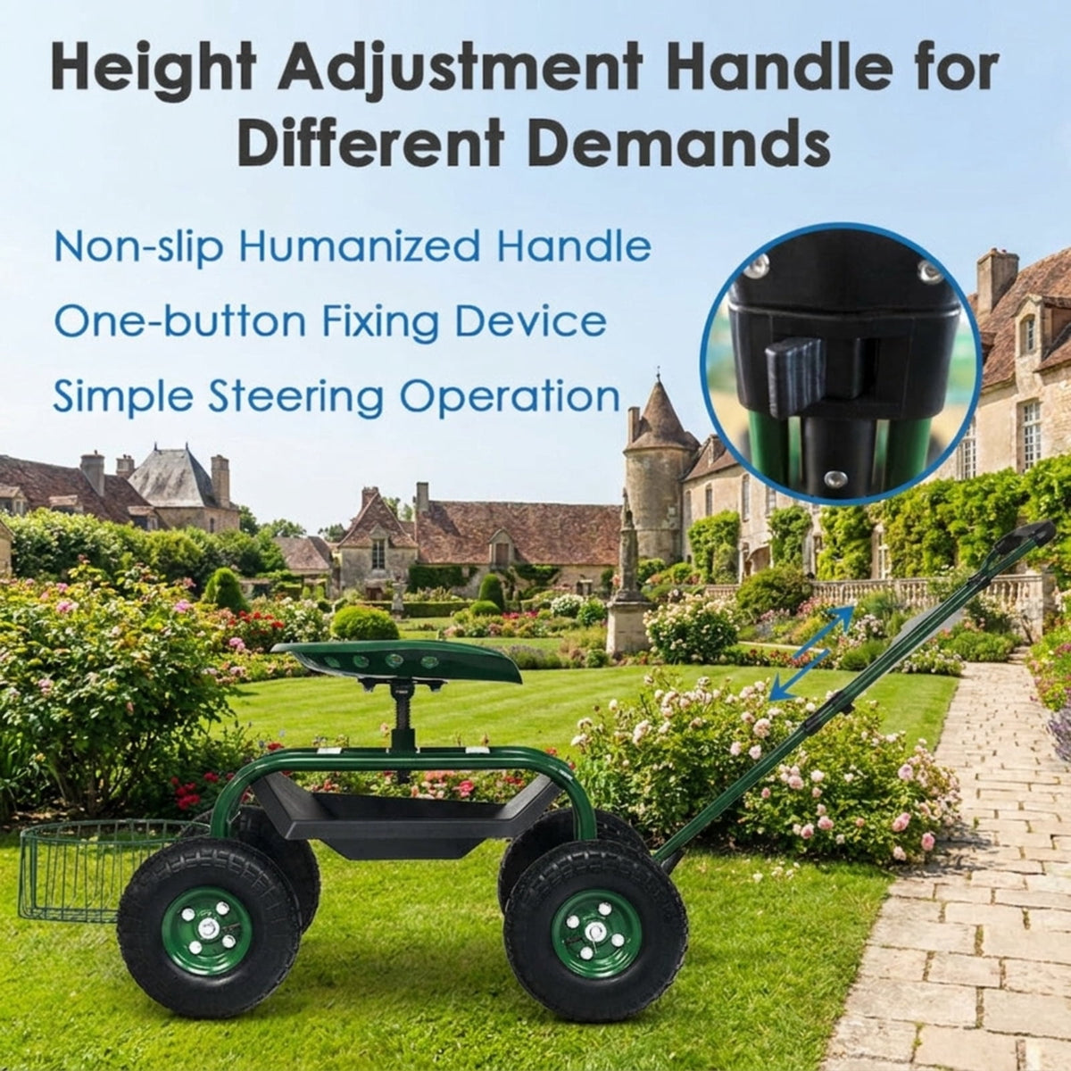 Biotree Rolling Garden Cart with 360¡ã Swivel Seat, Height Adjustable Garden Scooter, Heavy Duty Yard Cart with Tool Tray and Storage Basket for Gardening Weeding Yard Work Green