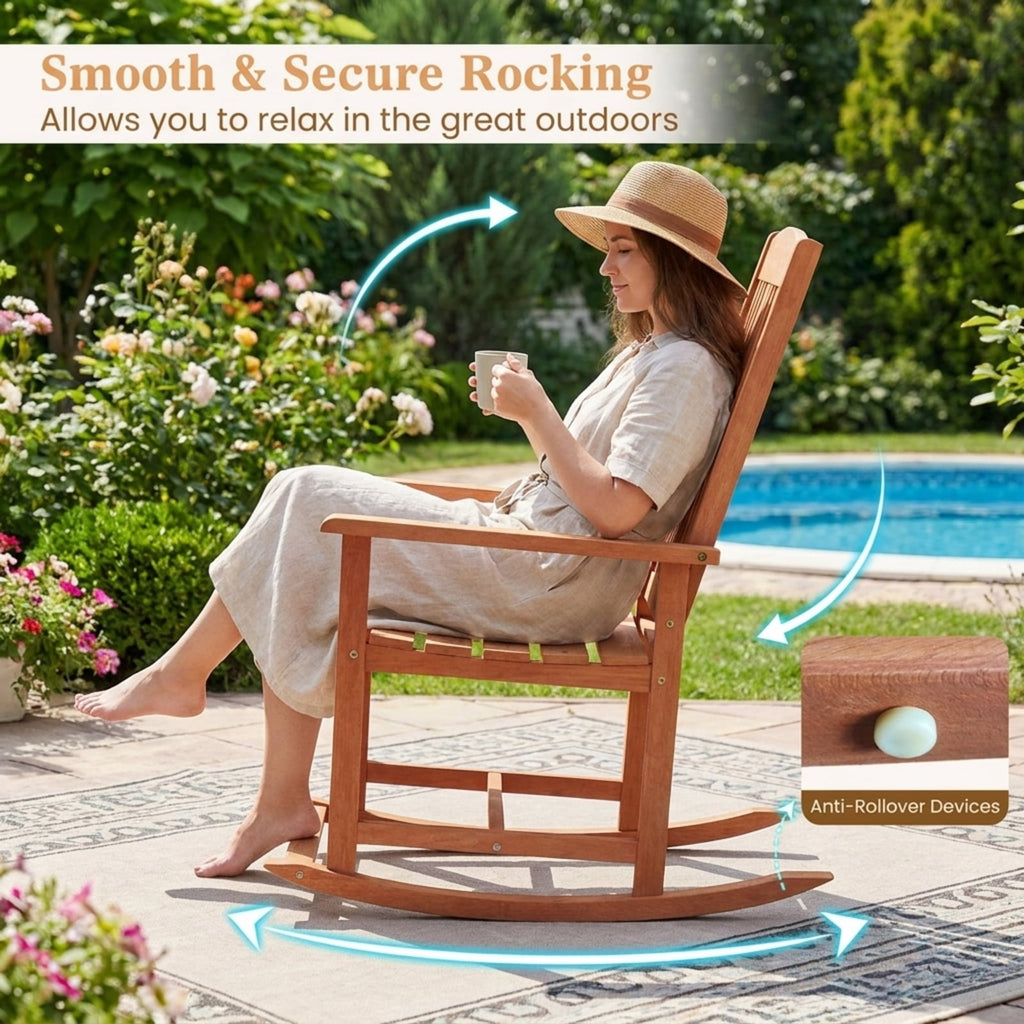 Biotree Outdoor Rocking Chair Solid Wood High Back Rocker with Slatted Seat Stackable Patio Chair for Garden BackyardNatural