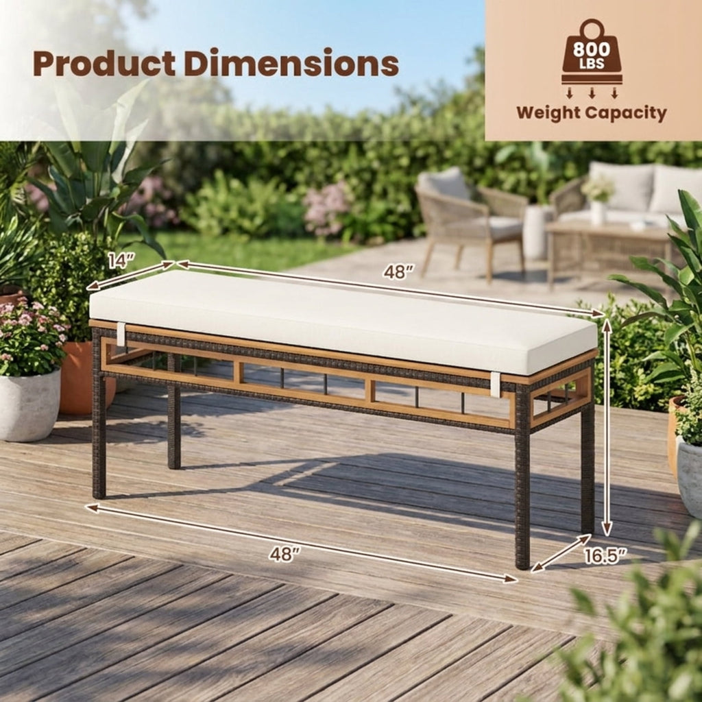 Biotree Wicker Patio Bench for 2 People 48invh Long Backless Dining Bench with Acacia Wood SeatWhite