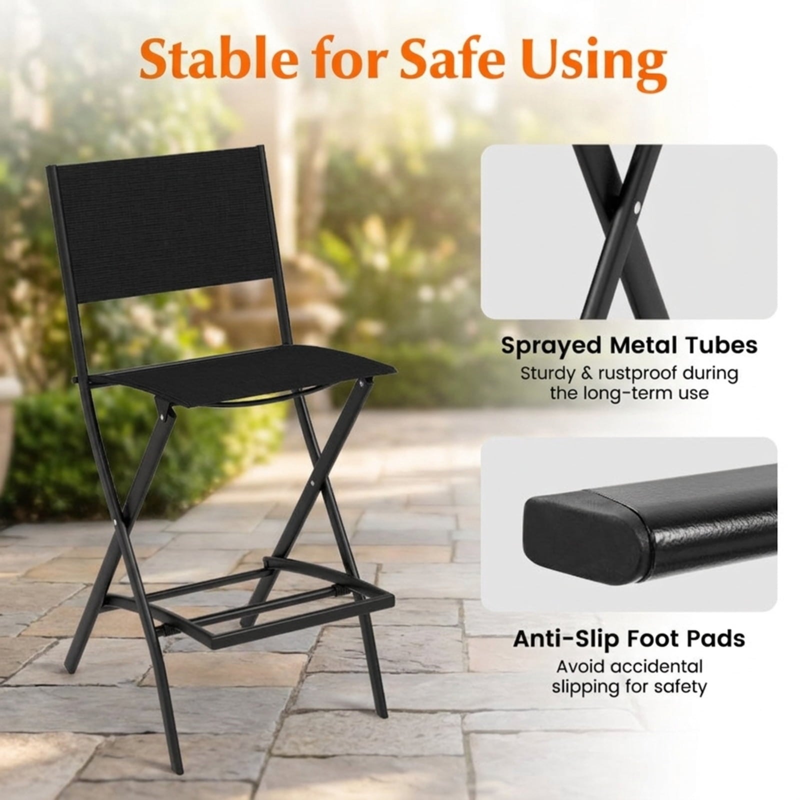Biotree Outdoor Folding Bar Height Stool Set of 4 with Metal Frame and Footrest for Patio Porch Garden Backyard Outdoor, Black