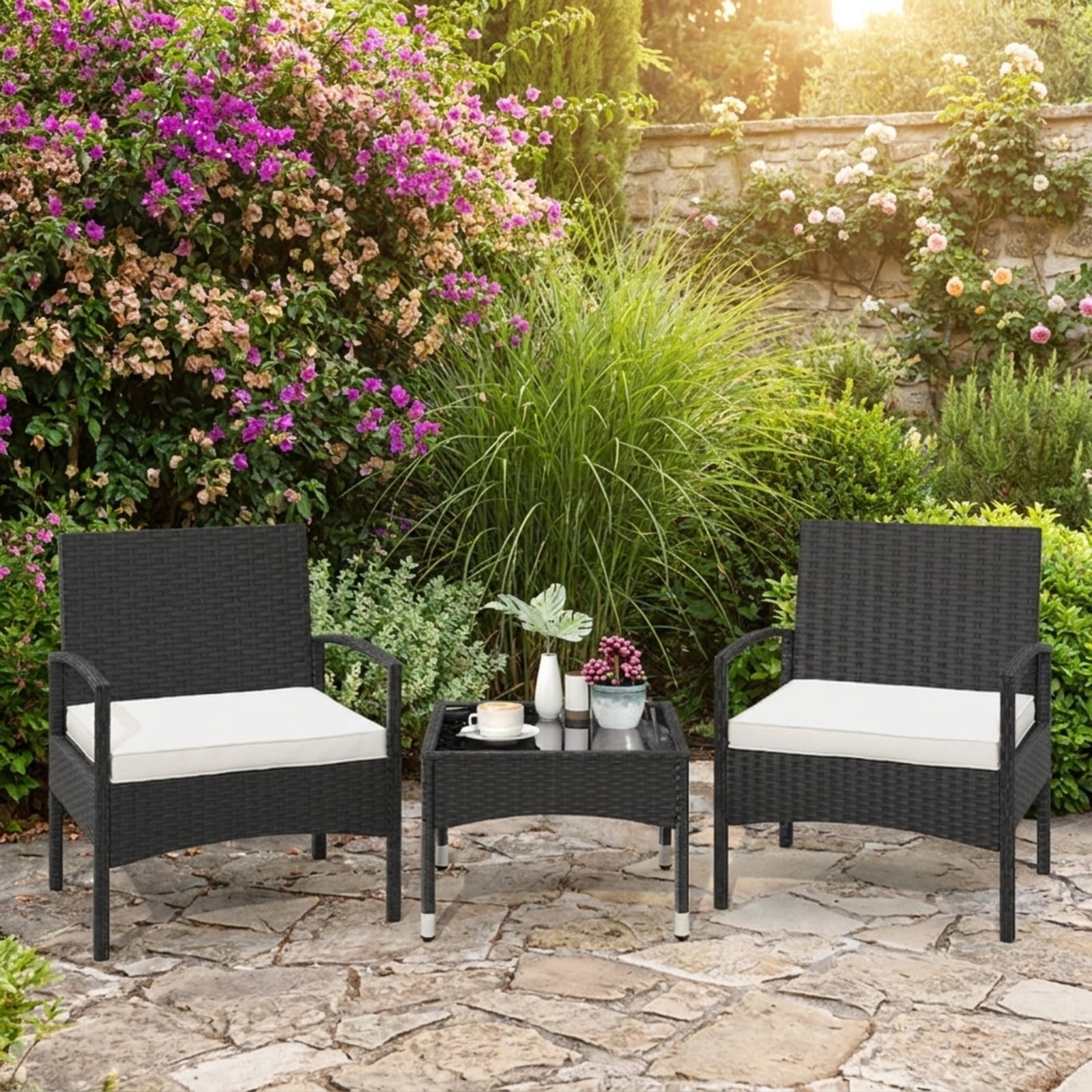Biotree 3-Piece Patio Furniture Set Rattan Bistro Chairs with Table Outdoor Conversation Set for Garden Backyard PorchBeige